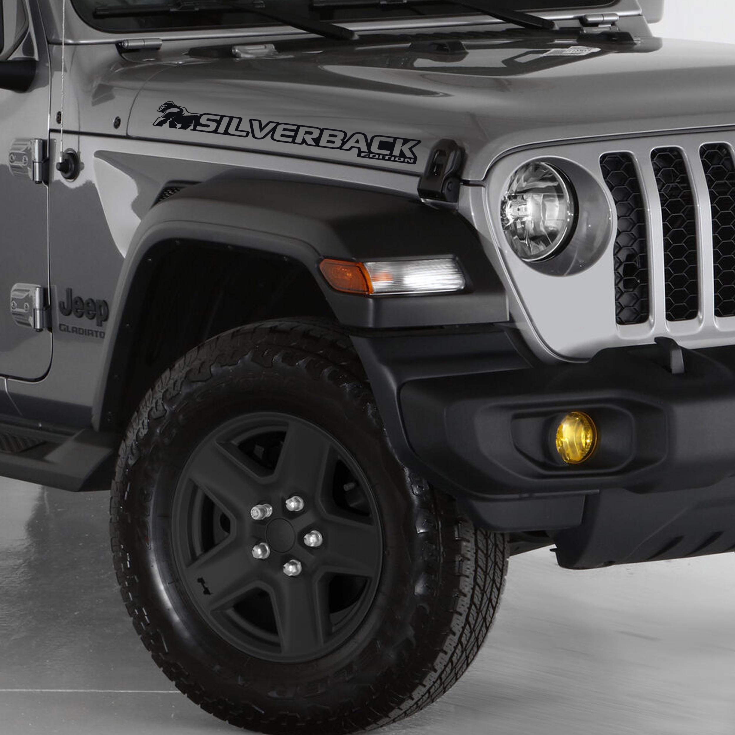 Black Silverback Edition Jeep Wrangler side hood vinyl decal pair with gorilla mountain artwork.