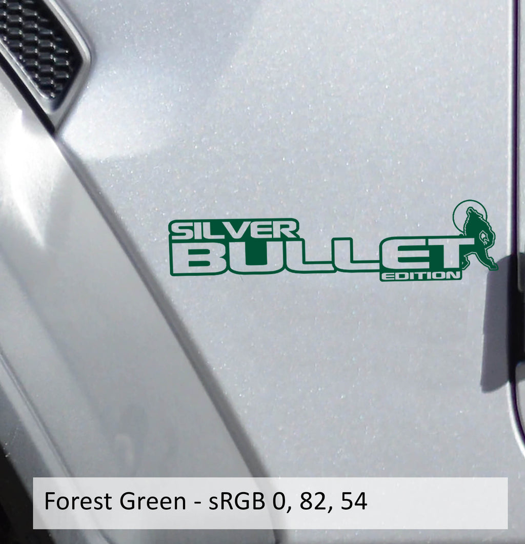 Forest green Silver Bullet Edition ram fender decal pair on Jeep Wrangler JL Gladiator JT cowl