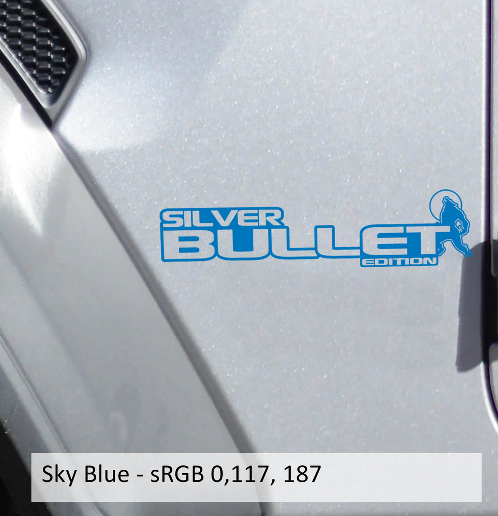 Sky blue Silver Bullet Edition ram fender decal pair on Jeep Wrangler JL Gladiator JT side hood