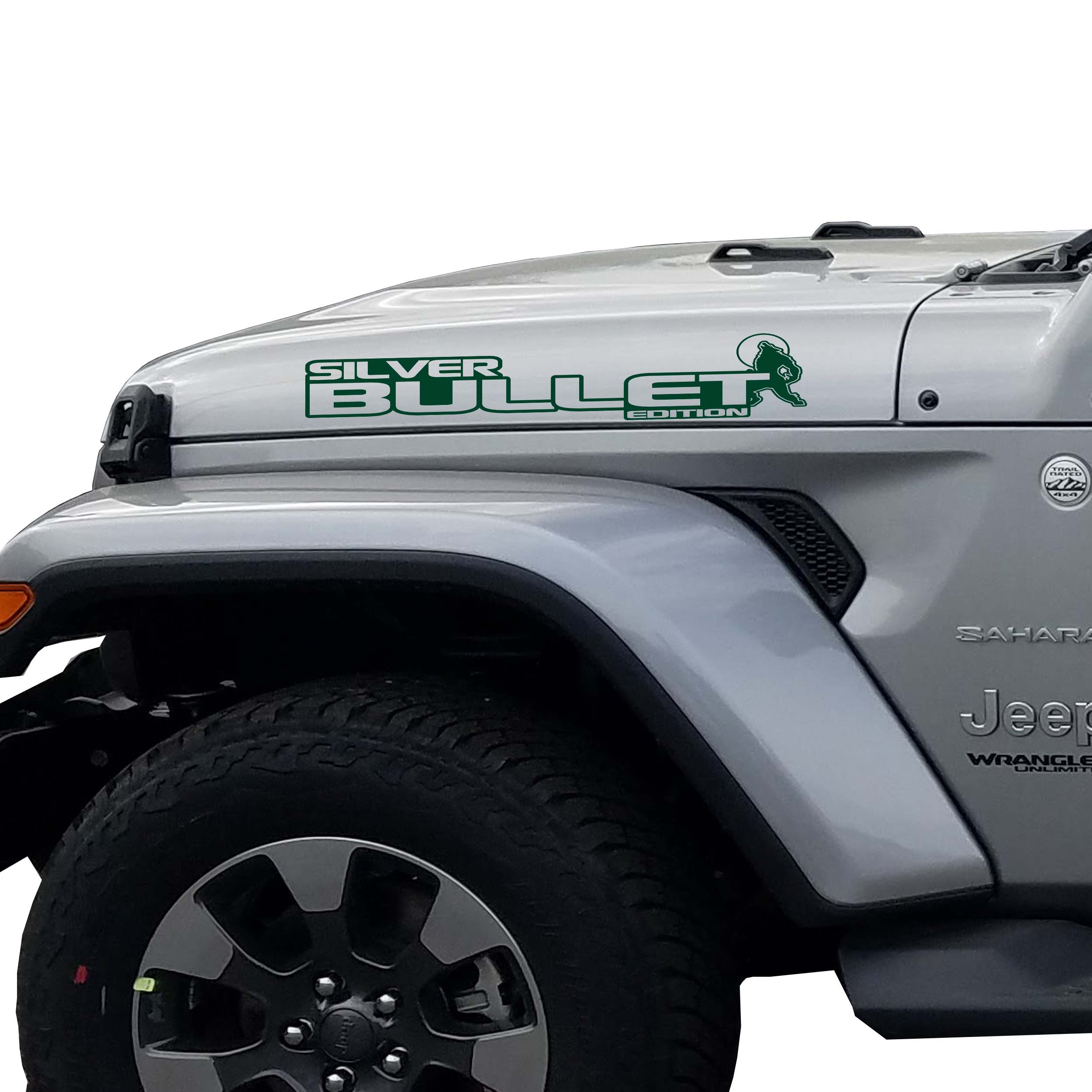 Silver Bullet Edition Jeep hood decal pair in dark green vinyl on a clean white studio backdrop sample