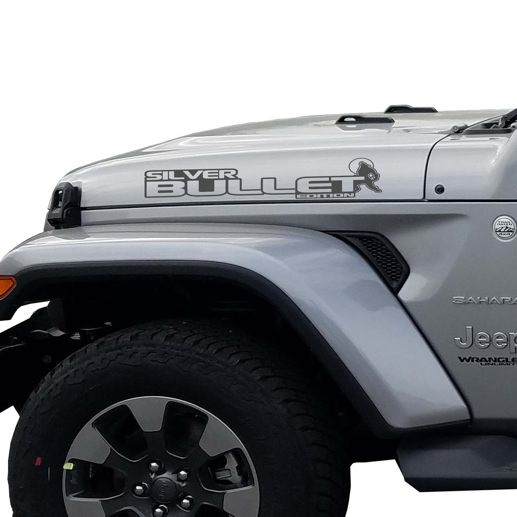 Silver Bullet Edition Jeep hood decal pair shown in dark gray vinyl on a clean white promo backdrop