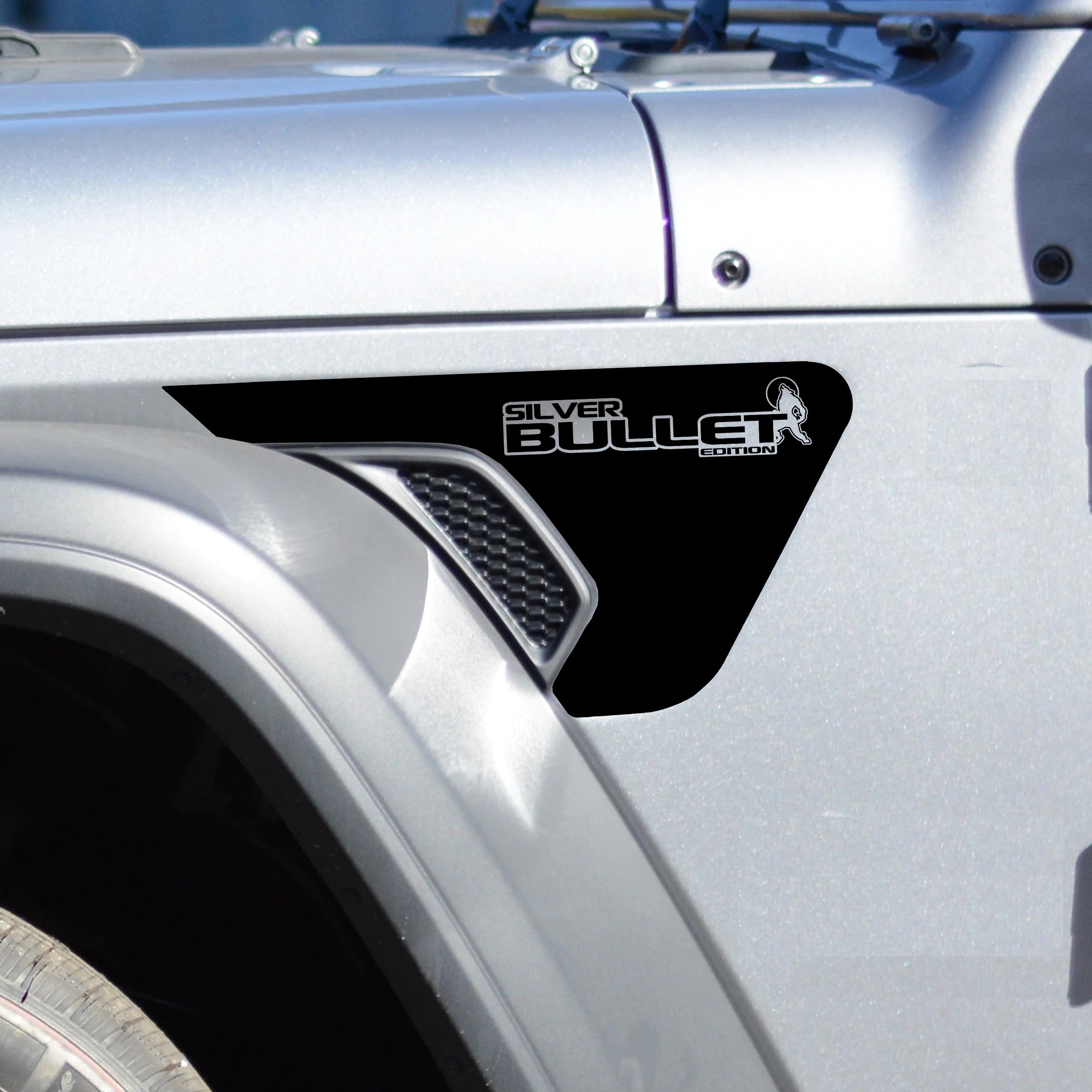 Silver Bullet Edition Jeep Wrangler vent decal pair in black vinyl with silver bullet badges