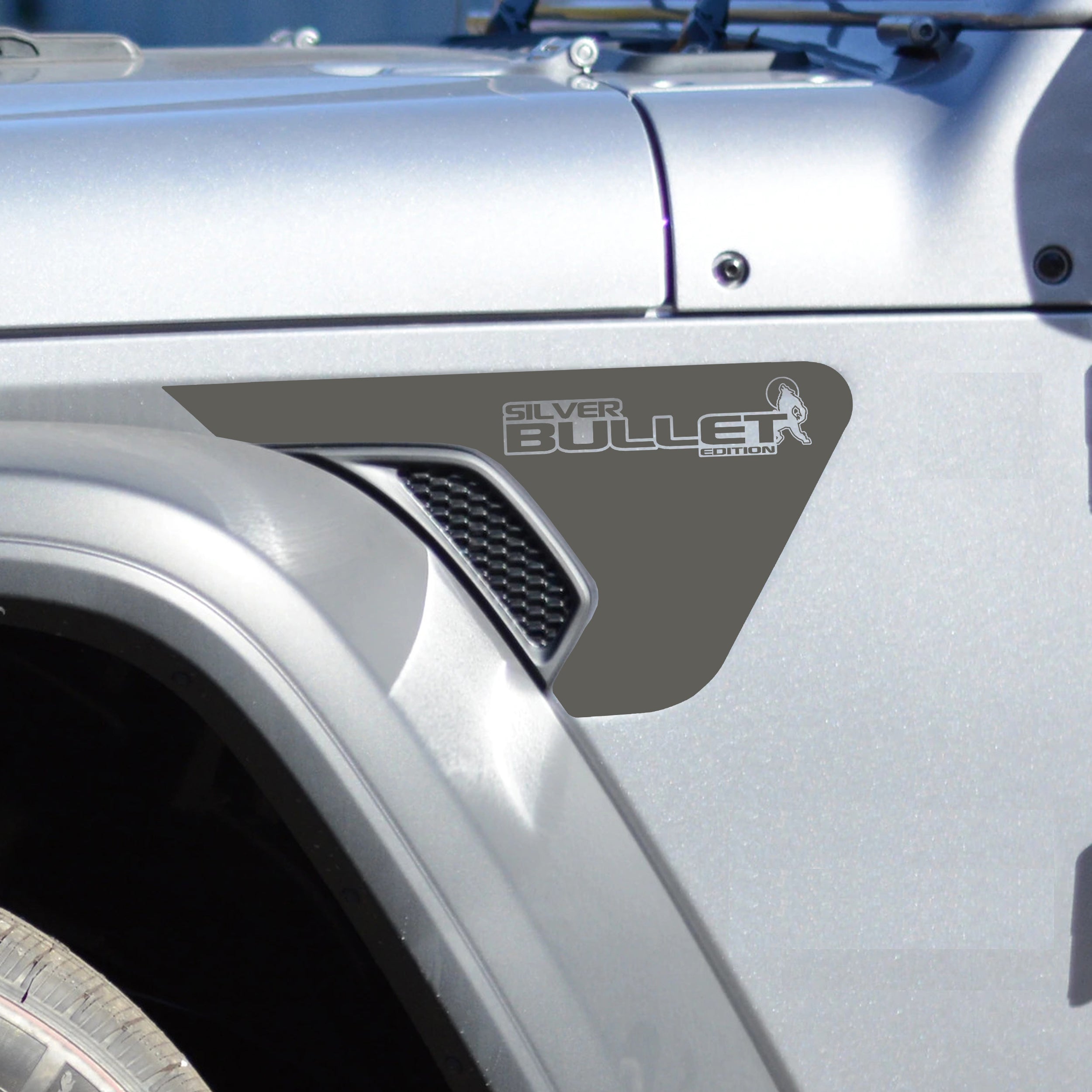 Silver Bullet Edition Jeep Wrangler vent decal pair in dark gray vinyl with silver bullet badges