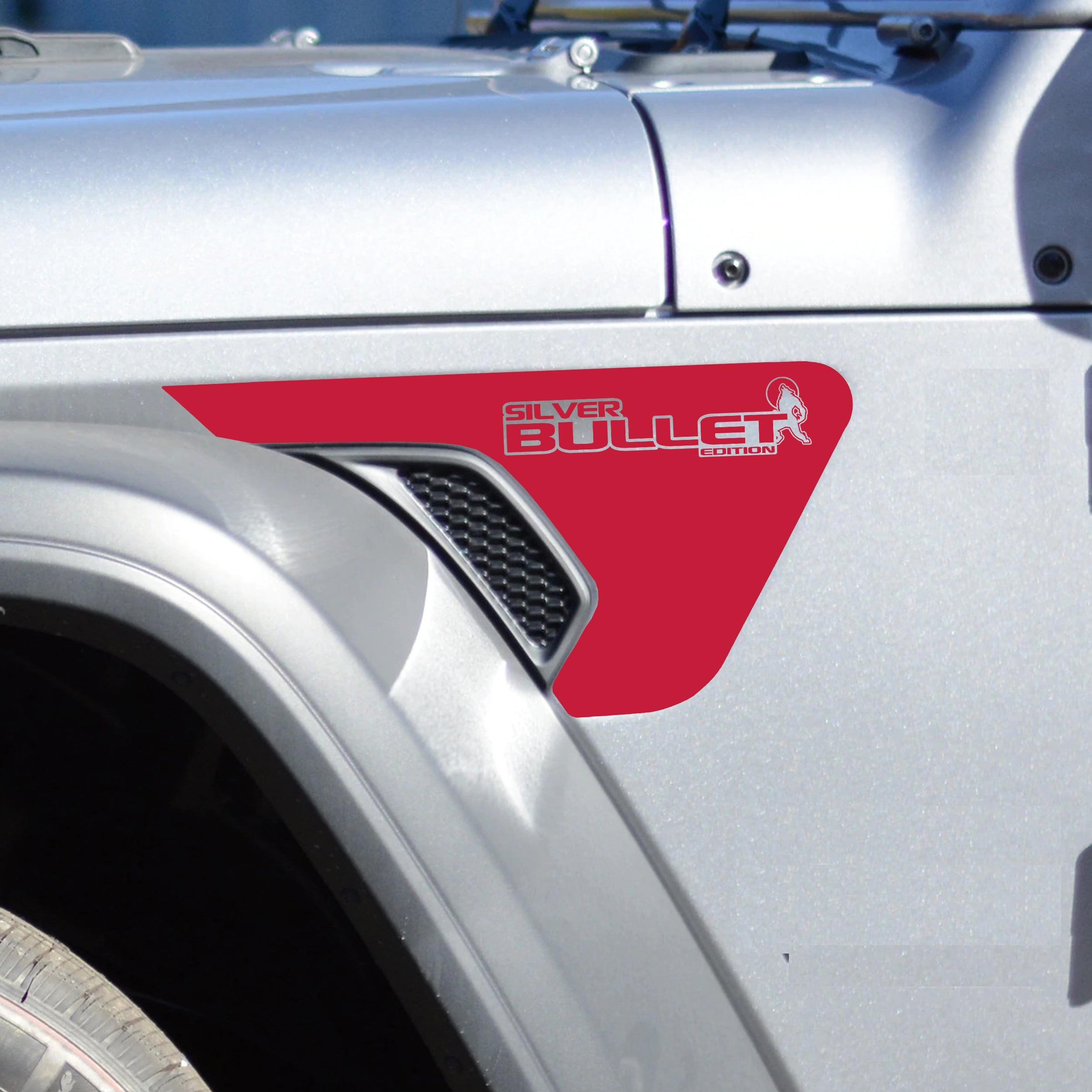 Silver Bullet Edition Jeep Wrangler vent decal pair in red vinyl with silver bullet badges