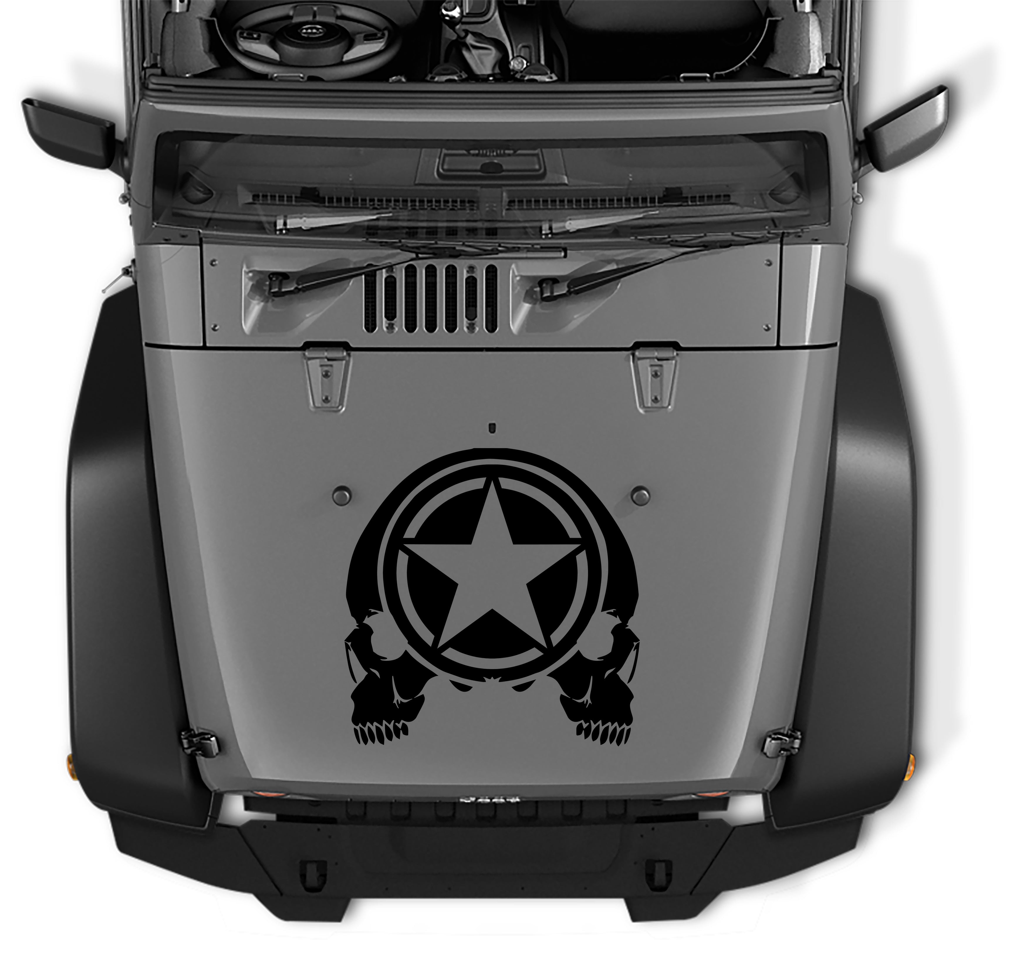 Black Oscar Mike military star with skulls hood decal shown on gray Jeep Wrangler JK hood