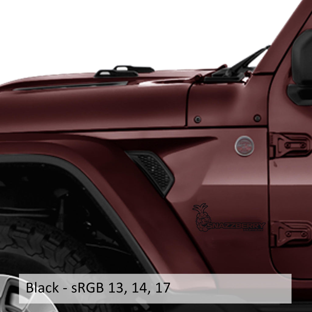 Black Snazzberry Edition fender vinyl decal pair with raspberry star graphic shown on backing