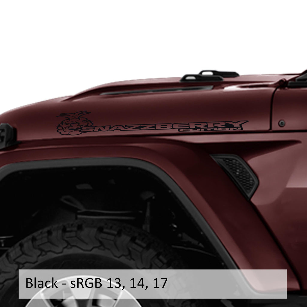 Black Snazzberry Edition pineapple hood decal applied to burgundy Wrangler JL hood