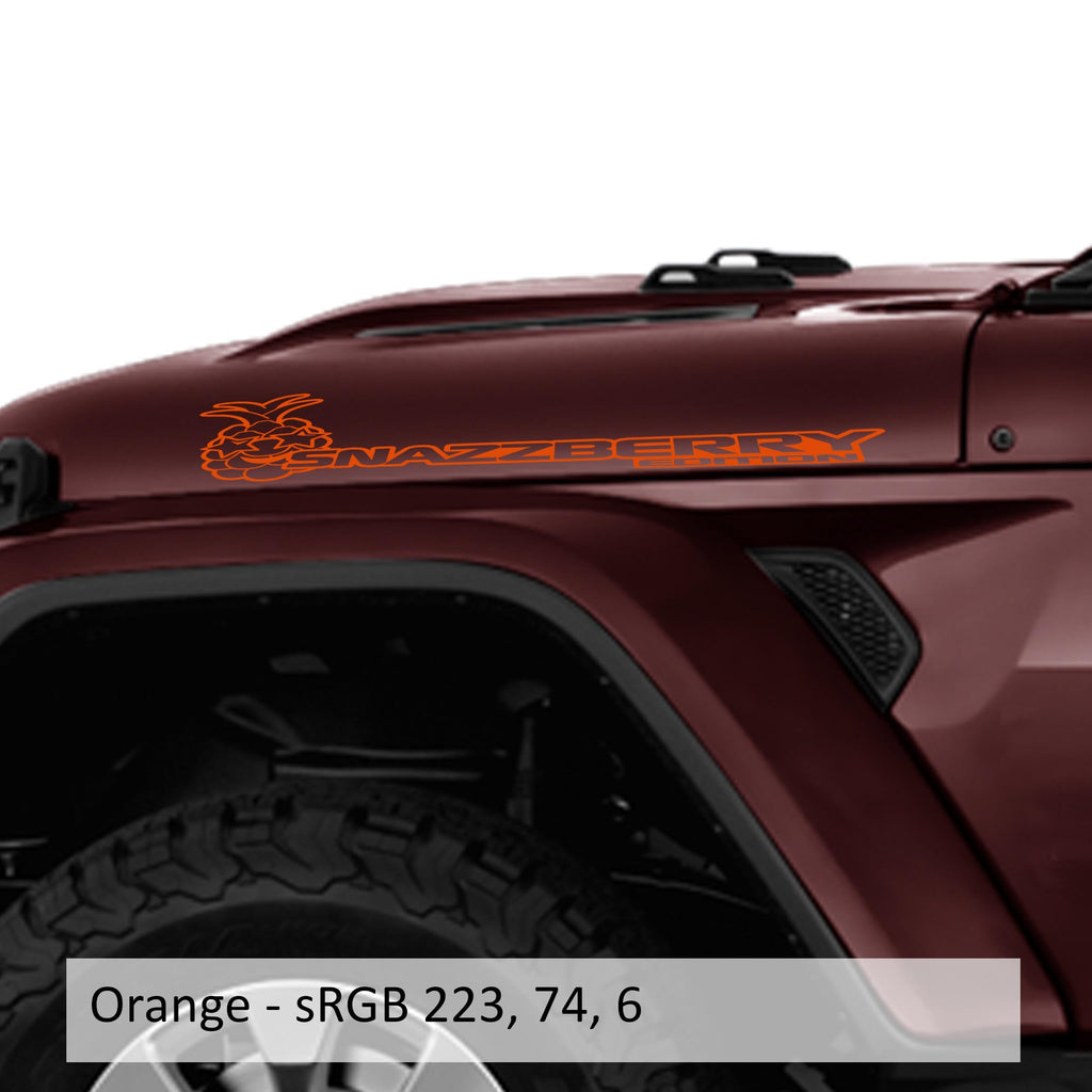 Orange Snazzberry Edition pineapple side hood decal swatch on burgundy Wrangler JL