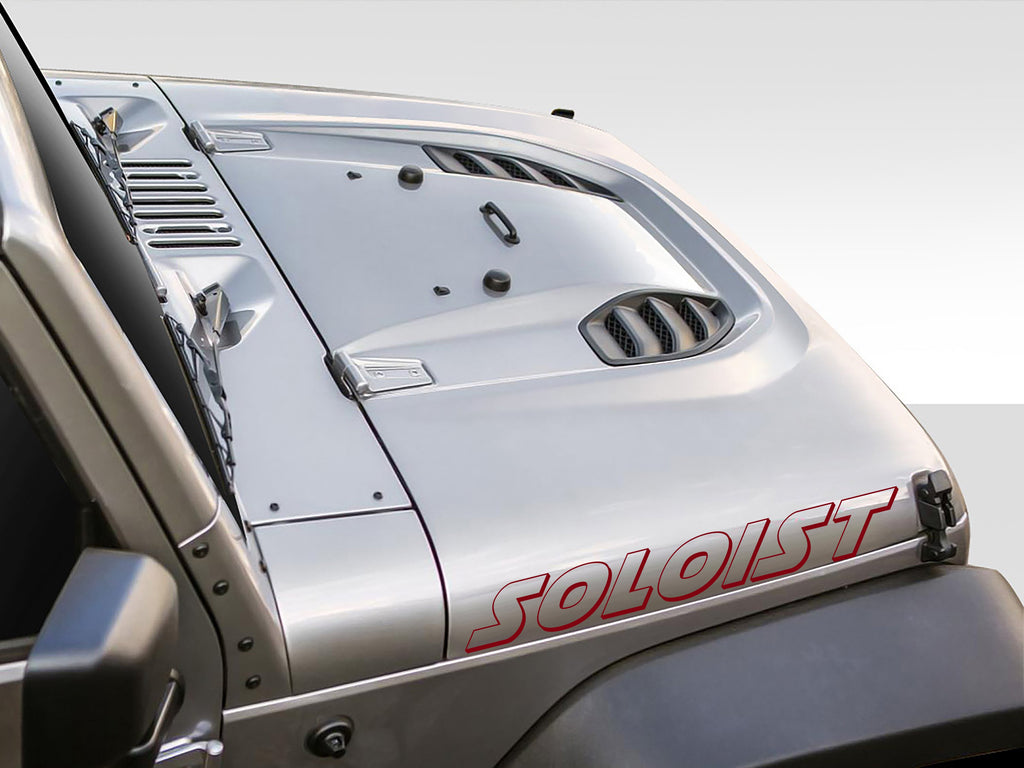 Soloist font sample for custom text Jeep hood lettering decal shown in bold uppercase black letters
