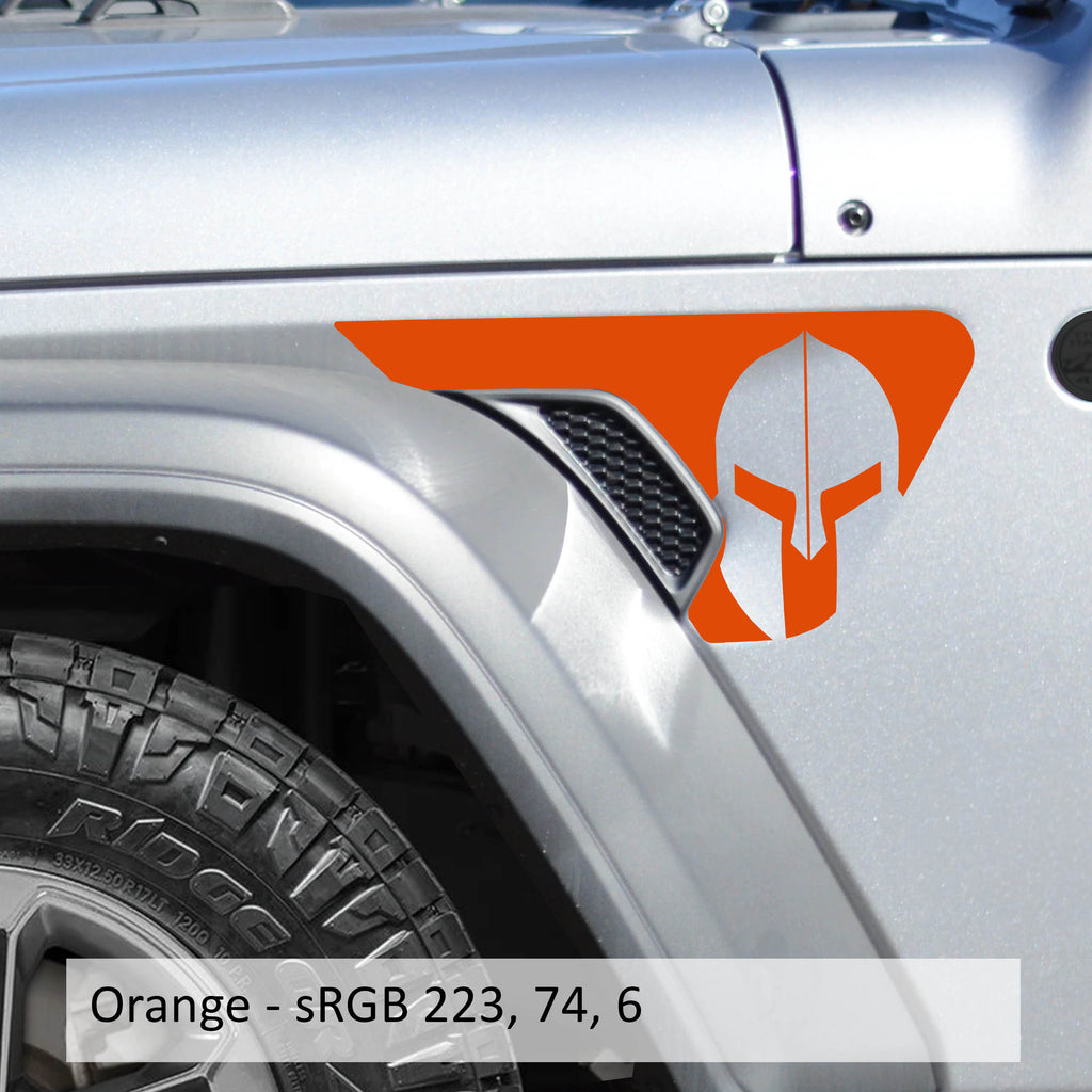 Orange Spartan helmet vinyl decal applied to Jeep Wrangler JL factory billet fender vent