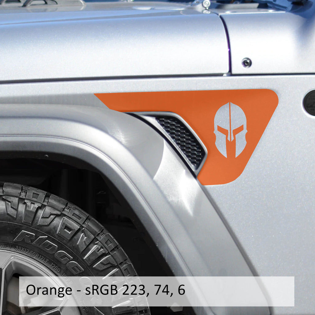 Orange Spartan helmet v2 fender vent decal pair shown flat for Wrangler JL JLU and Gladiator JT
