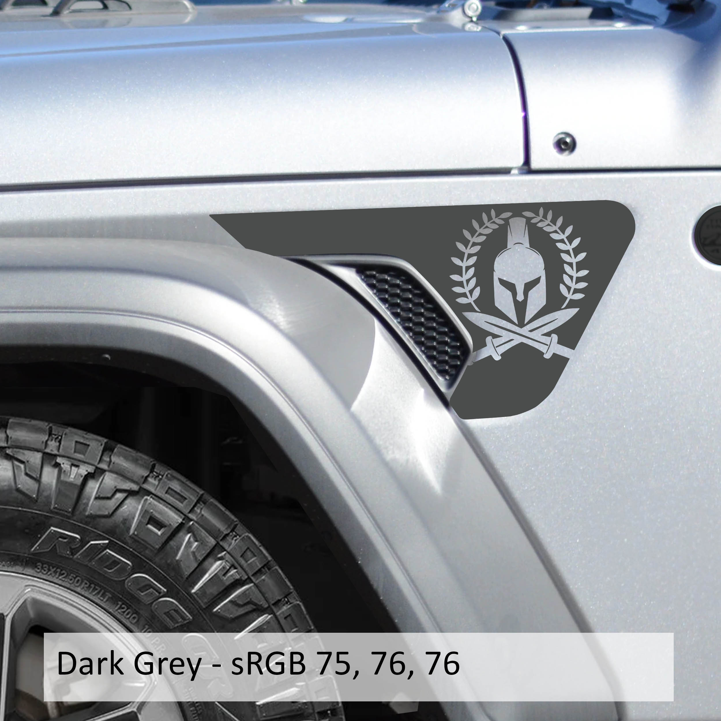 Dark gray Spartan laurel wreath decal shown on Jeep Wrangler JL factory billet fender vent