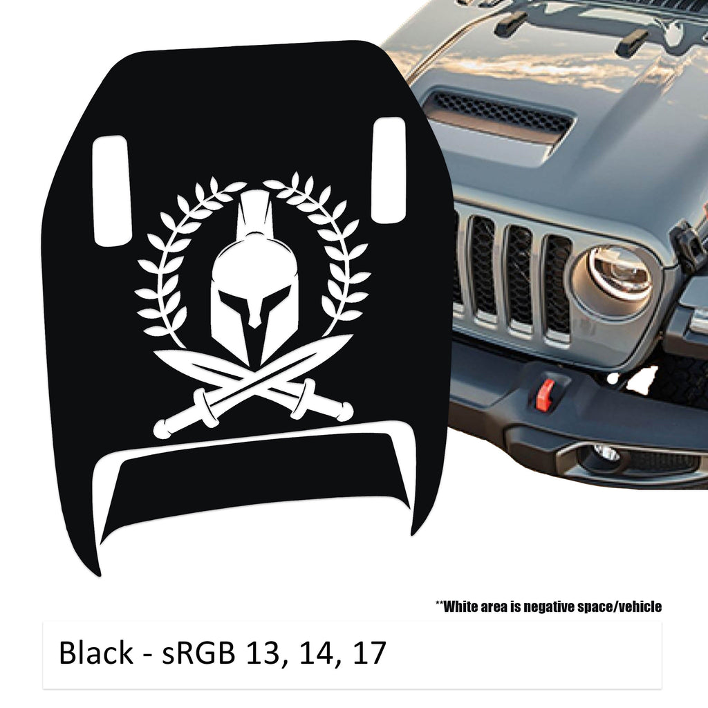 Black Spartan Wreath Clawed Foot JL JT Mojave hood decal shown on Jeep Wrangler hood panel