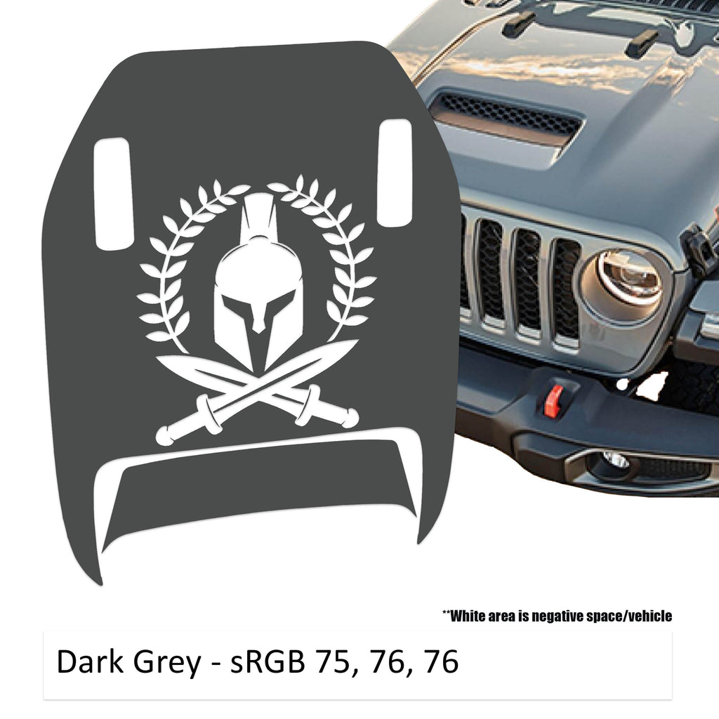Dark gray Spartan Wreath Clawed Foot JL JT Mojave hood decal on Jeep Wrangler hood