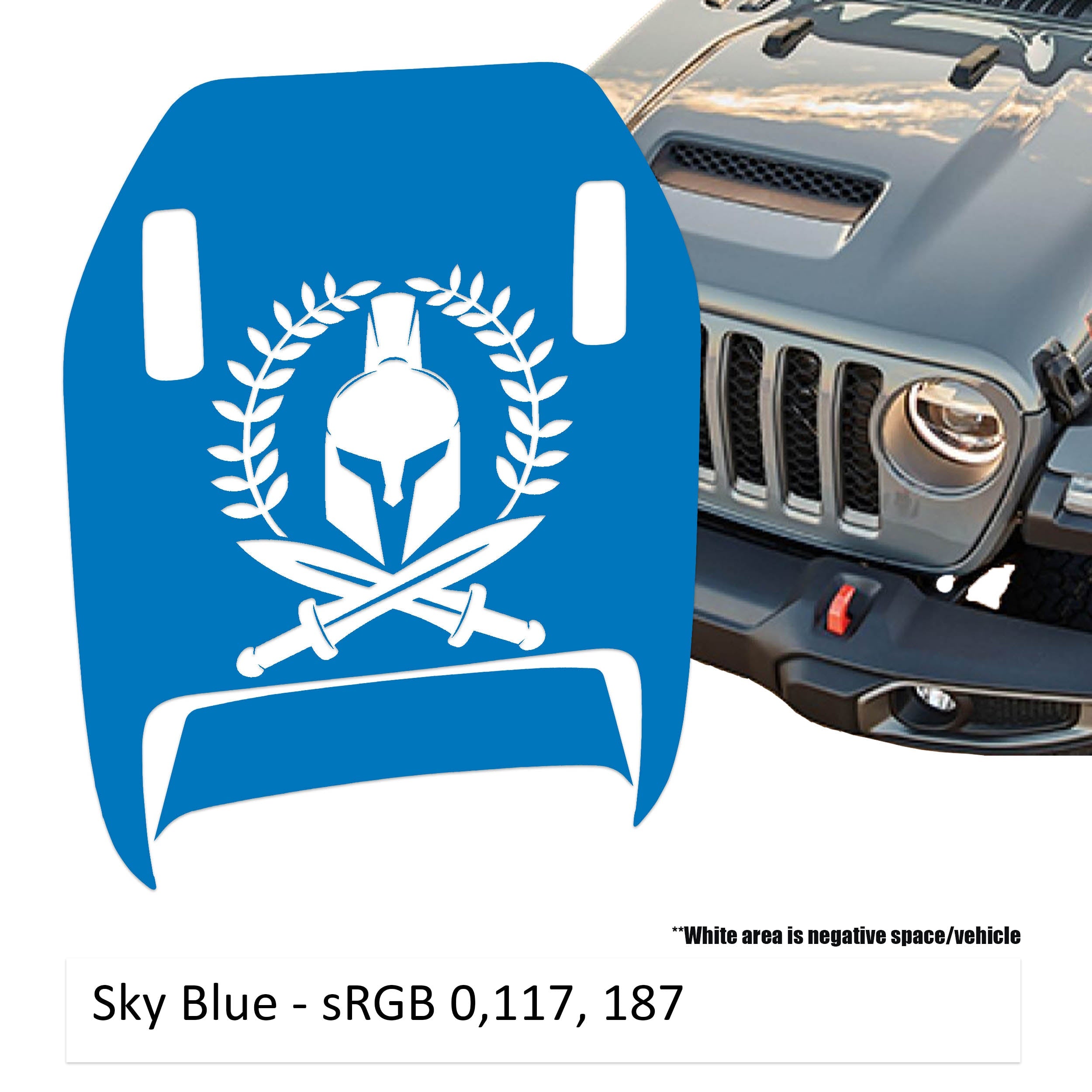Sky blue Spartan Wreath Clawed Foot JL JT Mojave hood decal shown on Jeep Wrangler hood