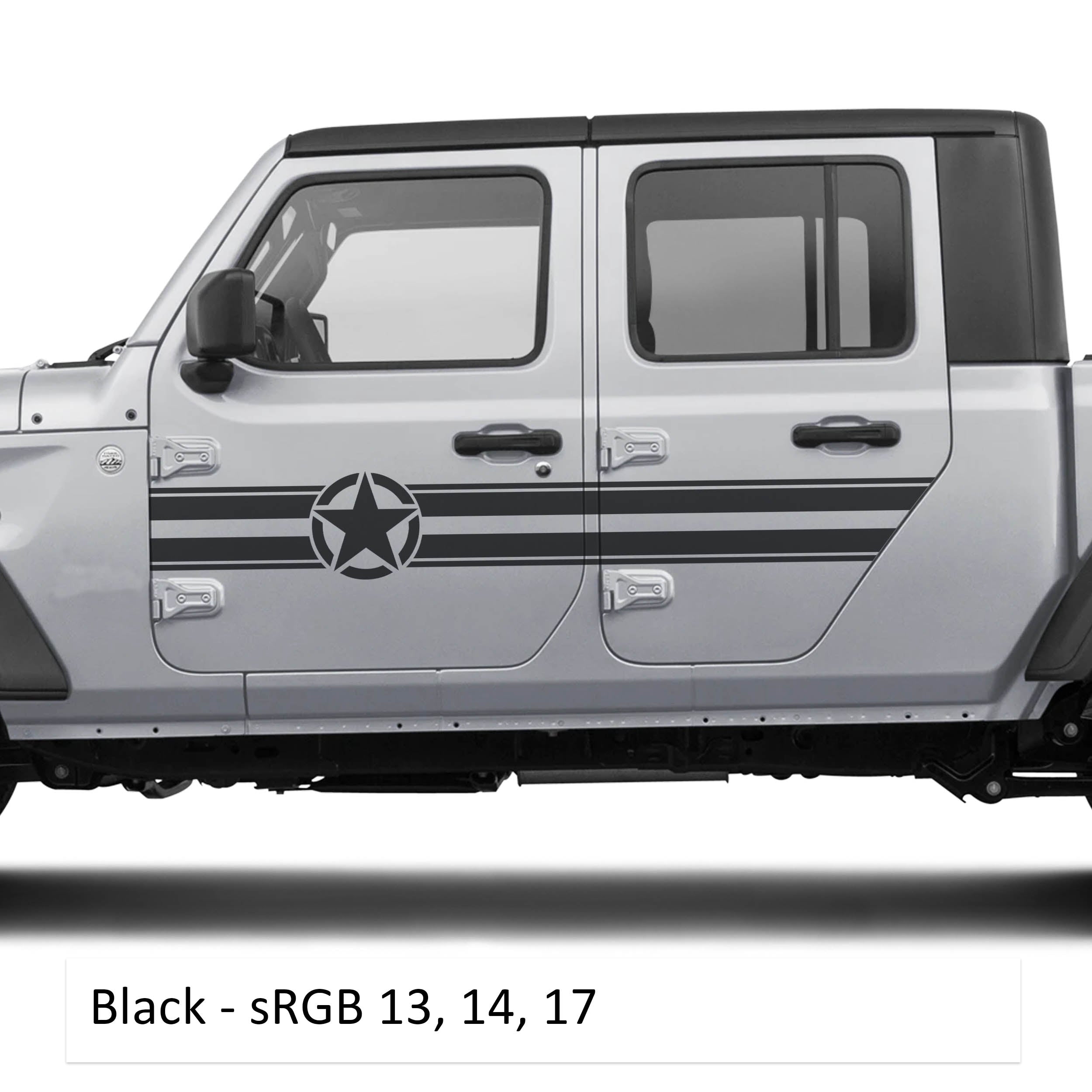 Black star and stripe side door panel decal set fits Jeep Wrangler JLU and Gladiator JT
