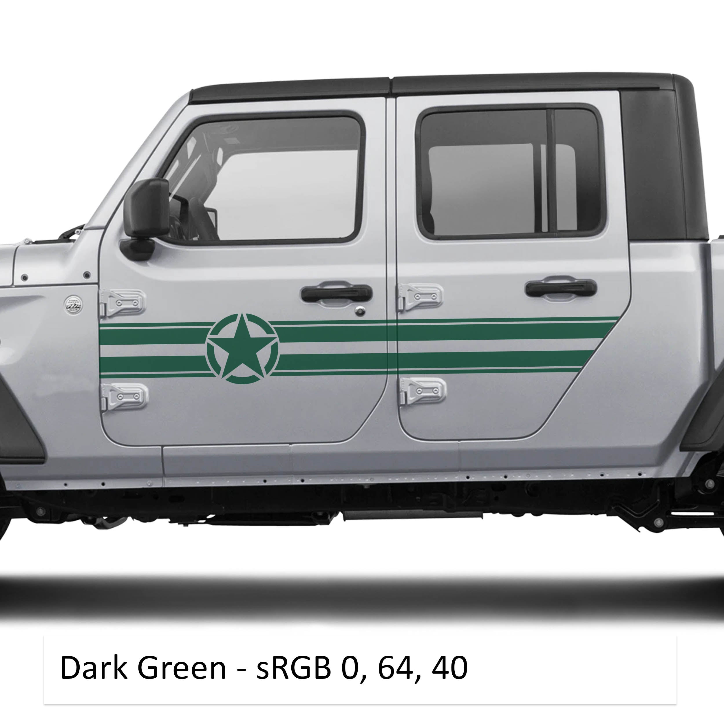 Dark green army star and stripe door panel decals shown for Jeep Wrangler JLU and Gladiator JT