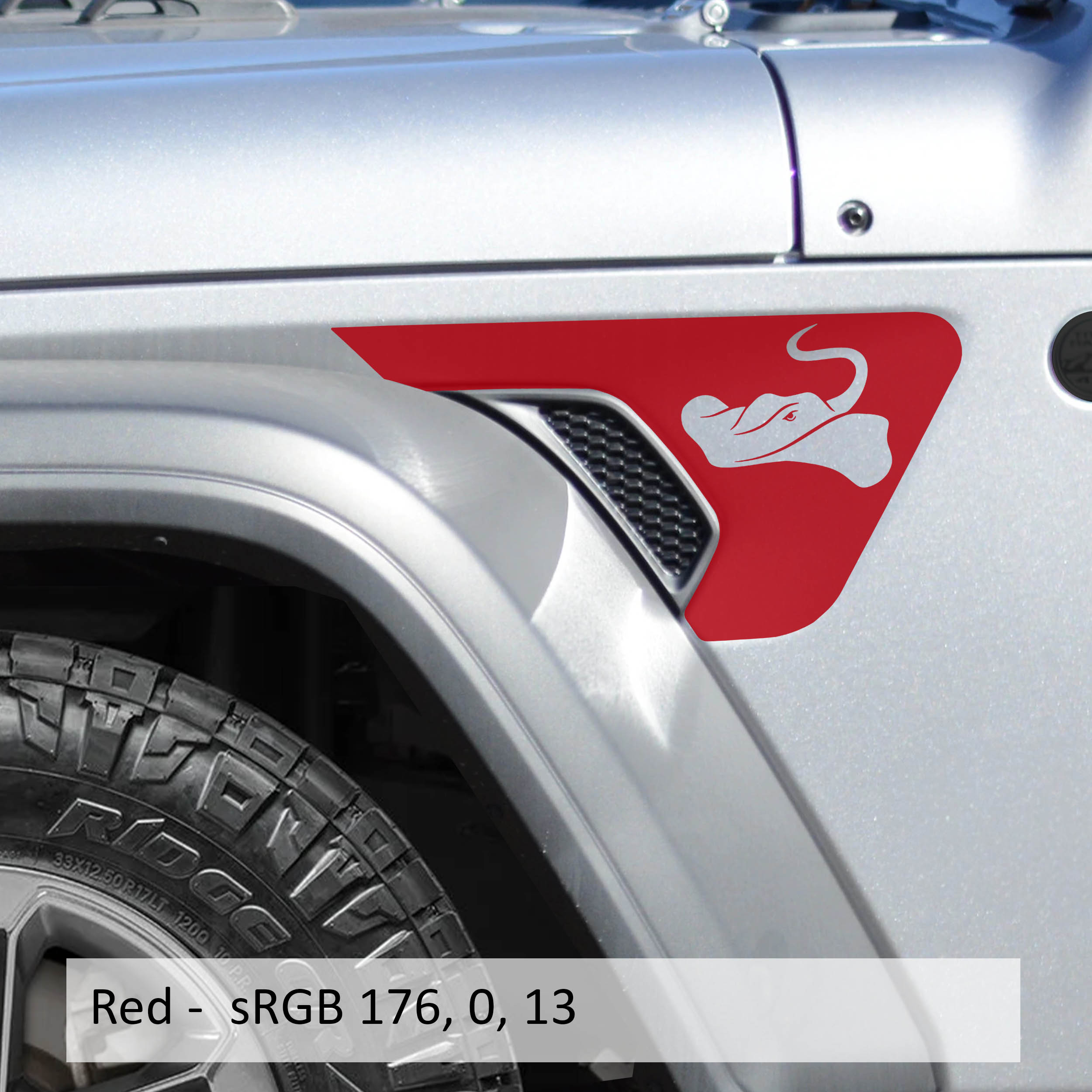 Red Sting-Gray manta ray fender vent decal pair shown flat for Wrangler JL JLU and Gladiator JT
