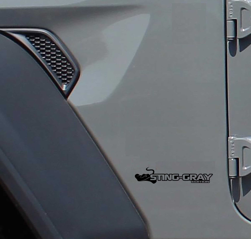 Sting-Gray Edition fender decal pair in black vinyl with stingray head and edition text