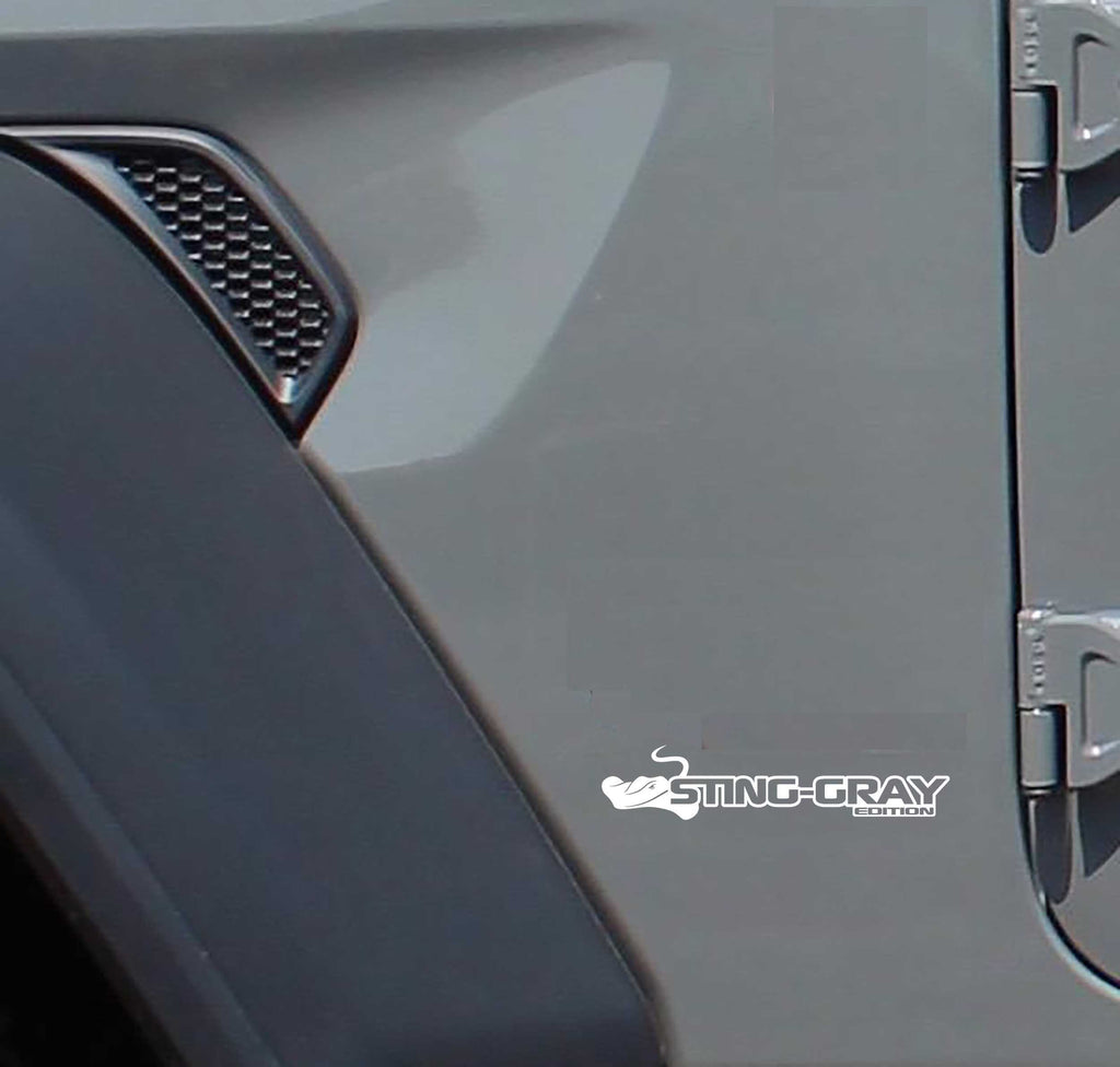 Sting-Gray Edition fender decal pair in white vinyl with stingray head and edition text