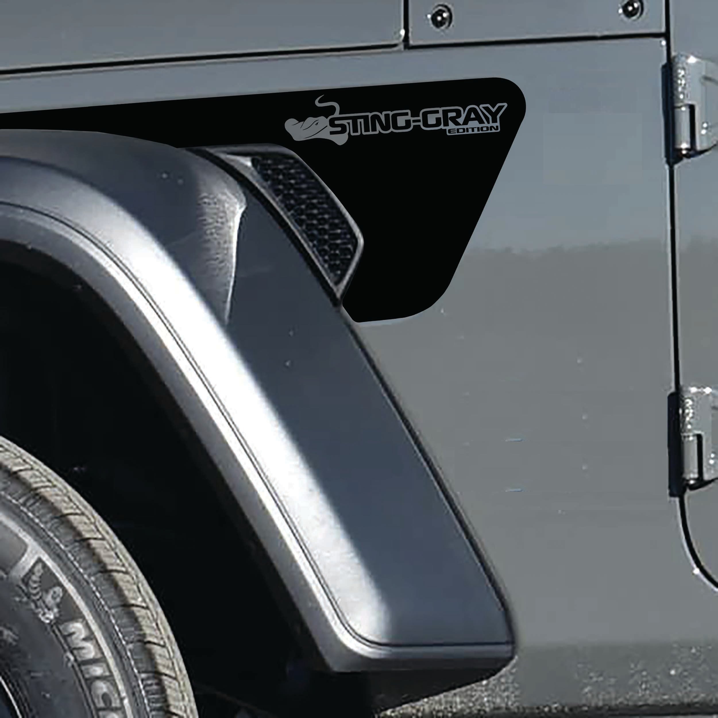Sting-Gray Edition Jeep fender vent decal pair in black vinyl with stingray edition badges