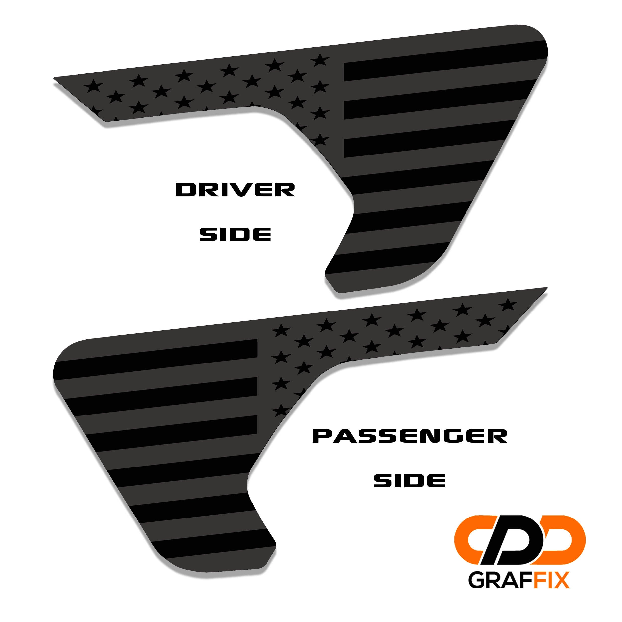 Subdued American flag Jeep JL fender vent decals labeled driver and passenger side with GRAFFIX branding
