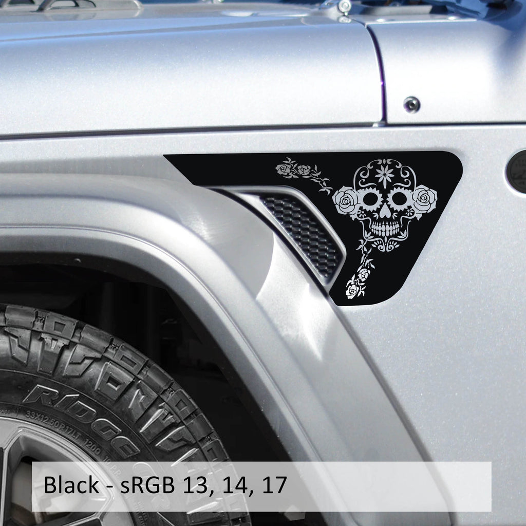 Black Dia de los Muertos sugar skull fender vent decal installed on Jeep Wrangler JL Gladiator