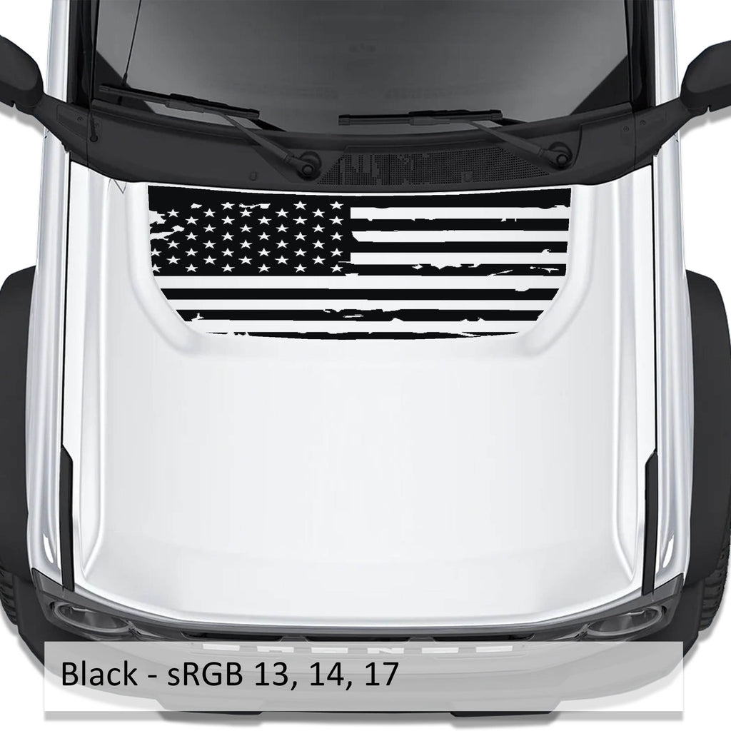 Black tattered American flag blackout hood vinyl decal installed on white Ford Bronco 2021 plus