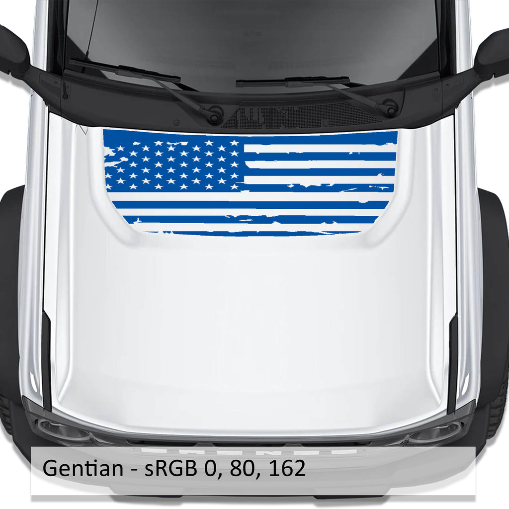 Gunmetal tattered American flag blackout hood vinyl decal installed on white Ford Bronco 2021 plus