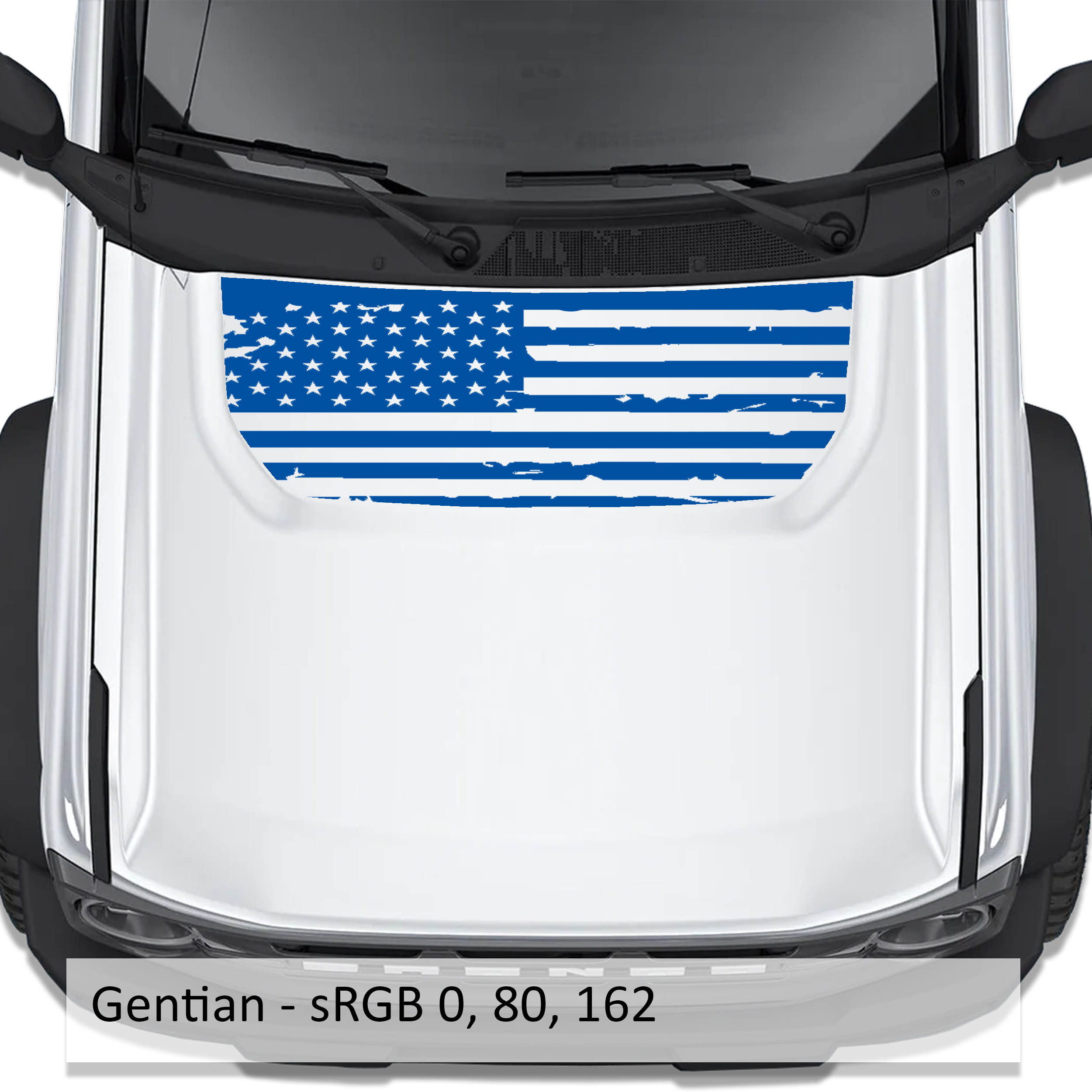 Gunmetal tattered American flag blackout hood vinyl decal installed on white Ford Bronco 2021 plus
