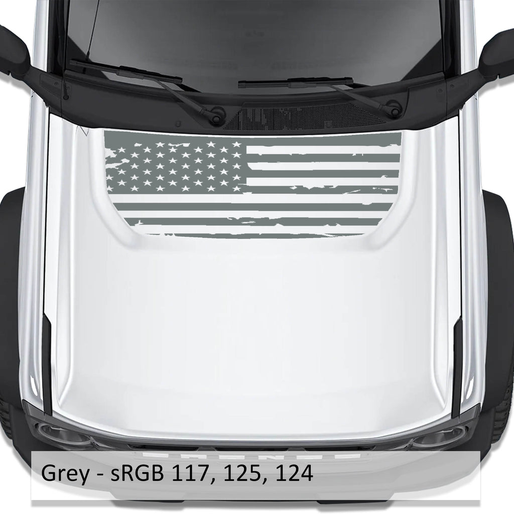 Tattered American Flag blackout hood vinyl decal in gray shown installed on the hood of a 2021+ Ford Bronco