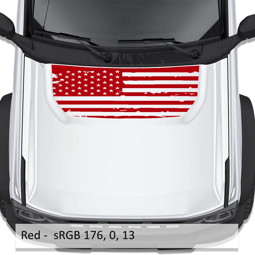 Red tattered American flag blackout hood vinyl decal shown installed on white Ford Bronco 2021 plus