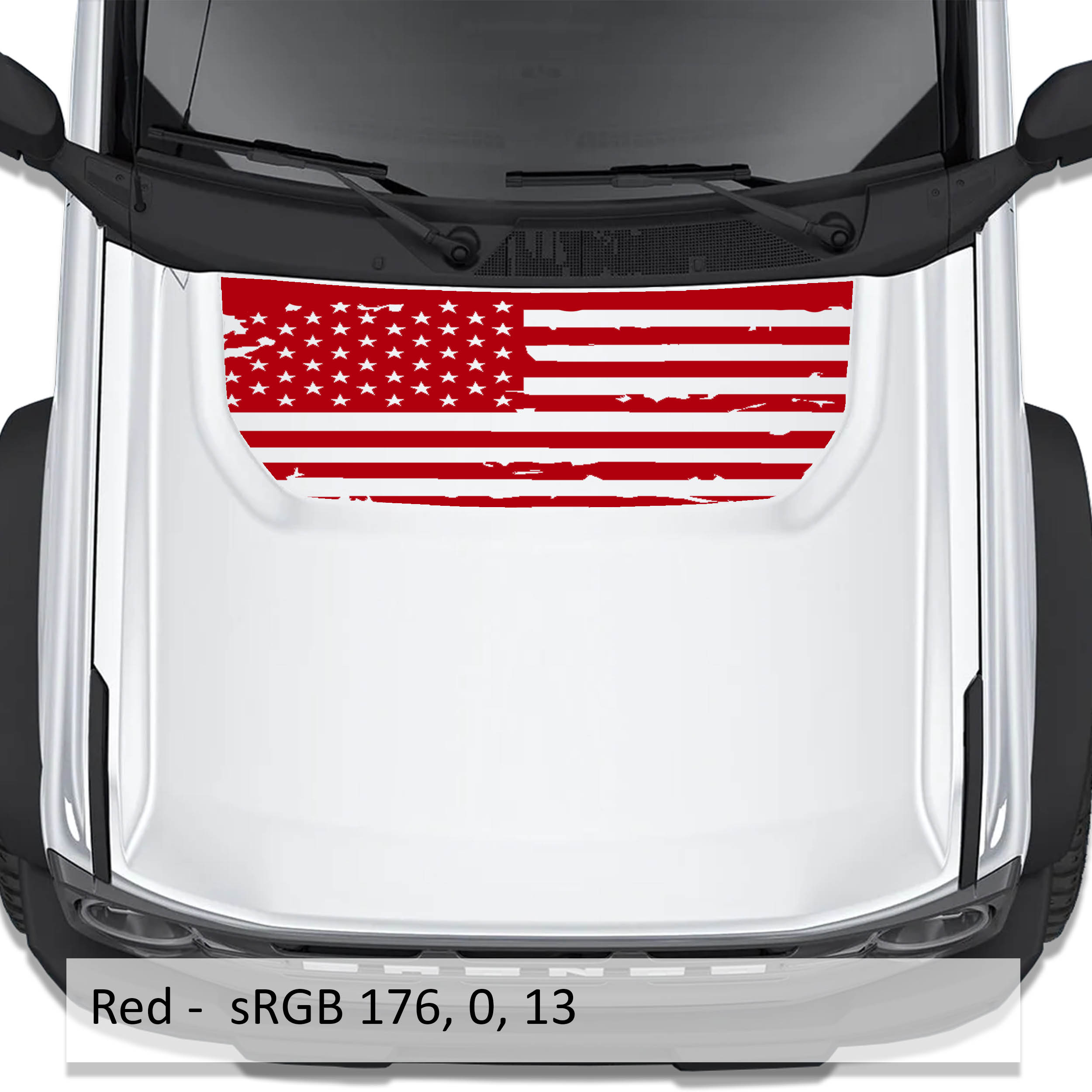 Red tattered American flag blackout hood vinyl decal shown installed on white Ford Bronco 2021 plus
