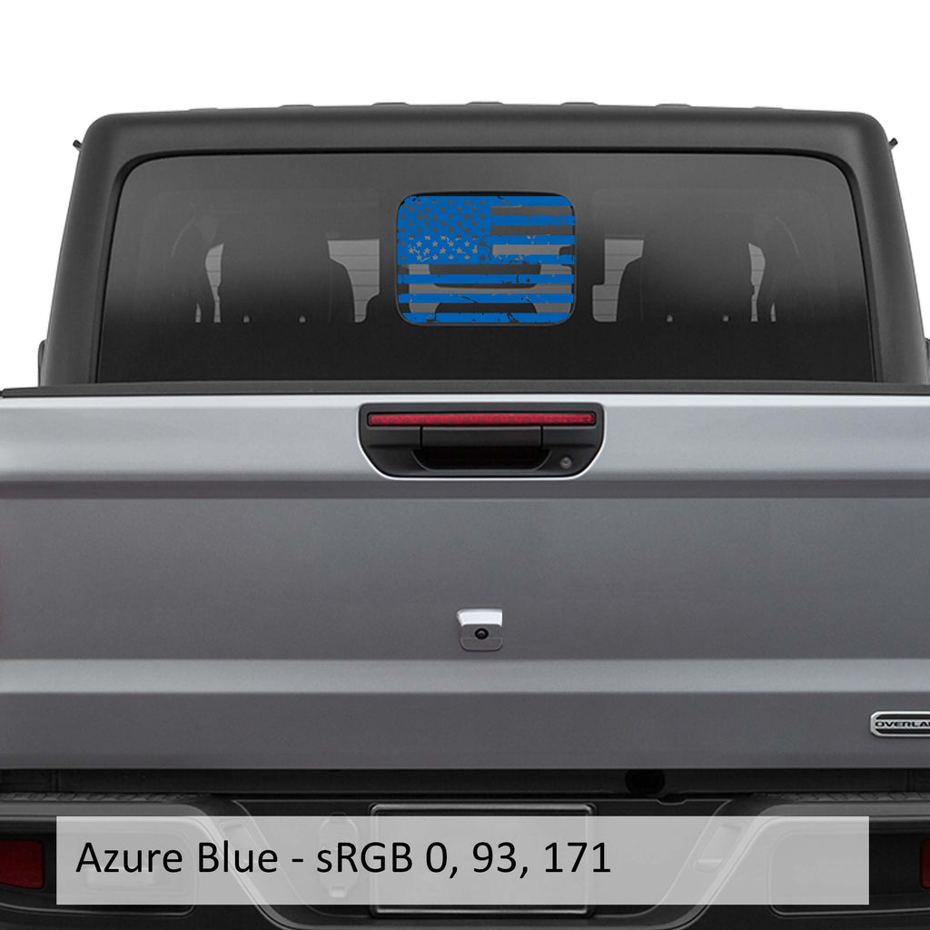 Azure blue distressed American flag decal on JT Gladiator rear sliding hard top window