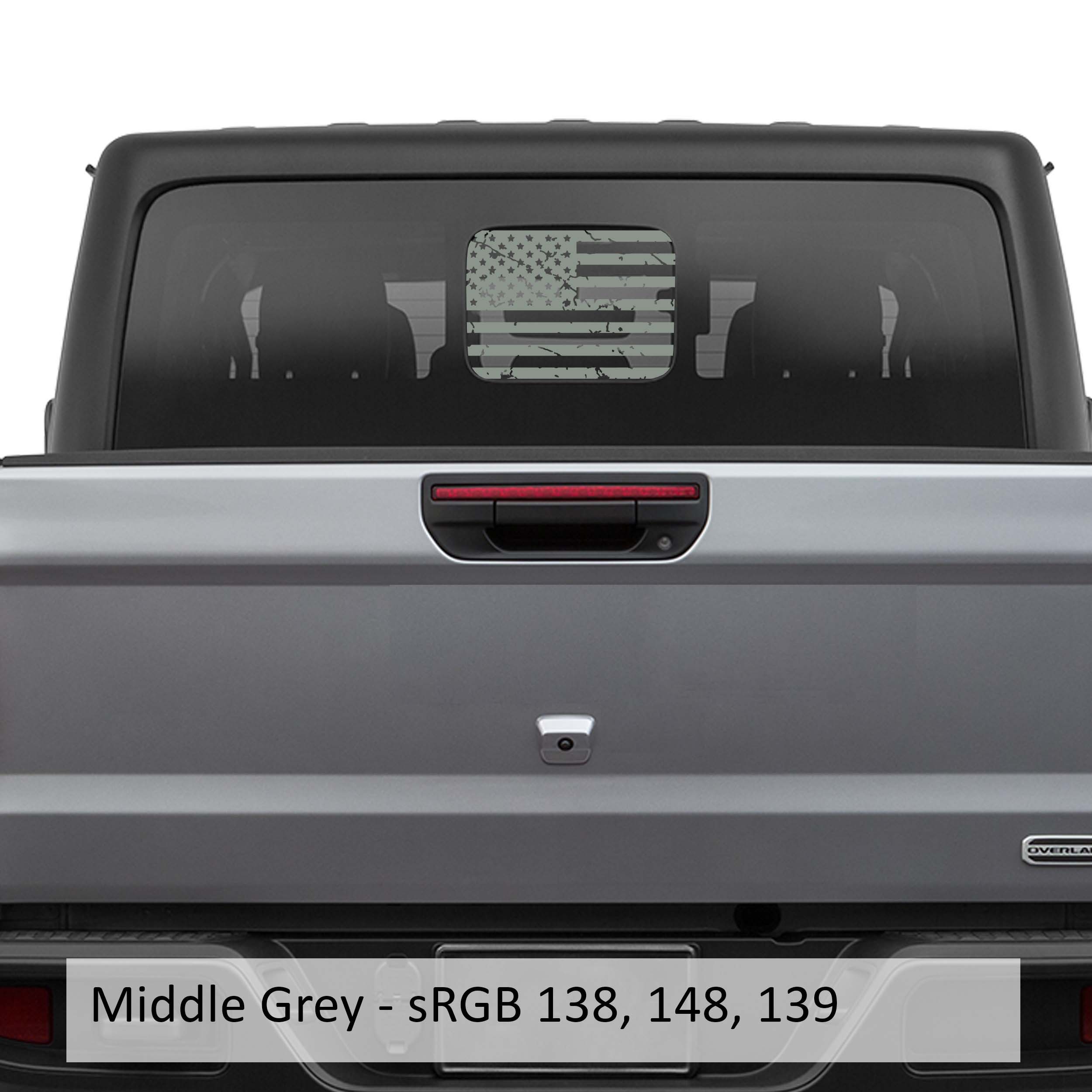 Medium gray distressed American flag decal on JT Gladiator rear sliding hard top window