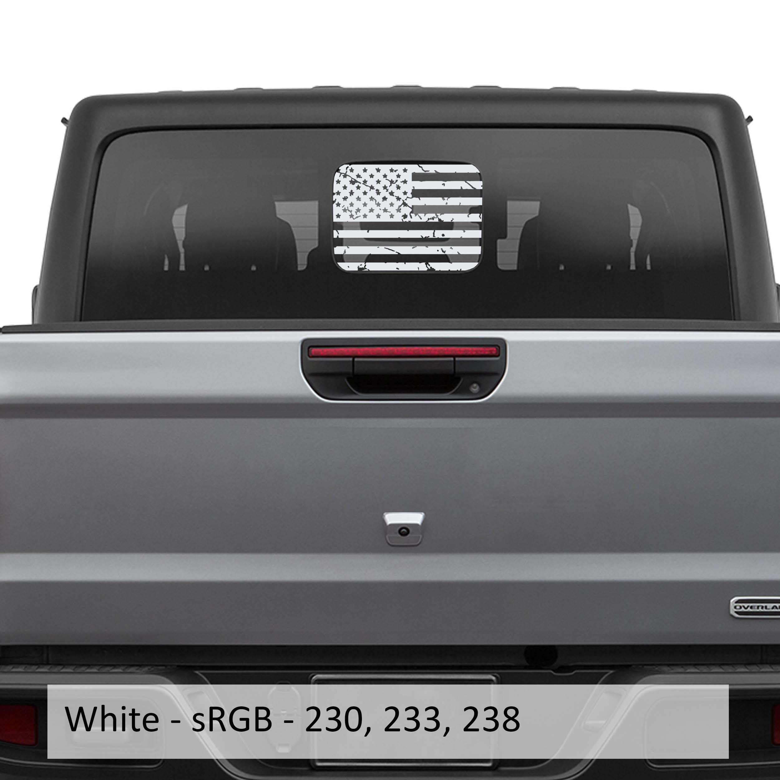 White distressed American flag decal applied to JT Gladiator rear sliding hard top window