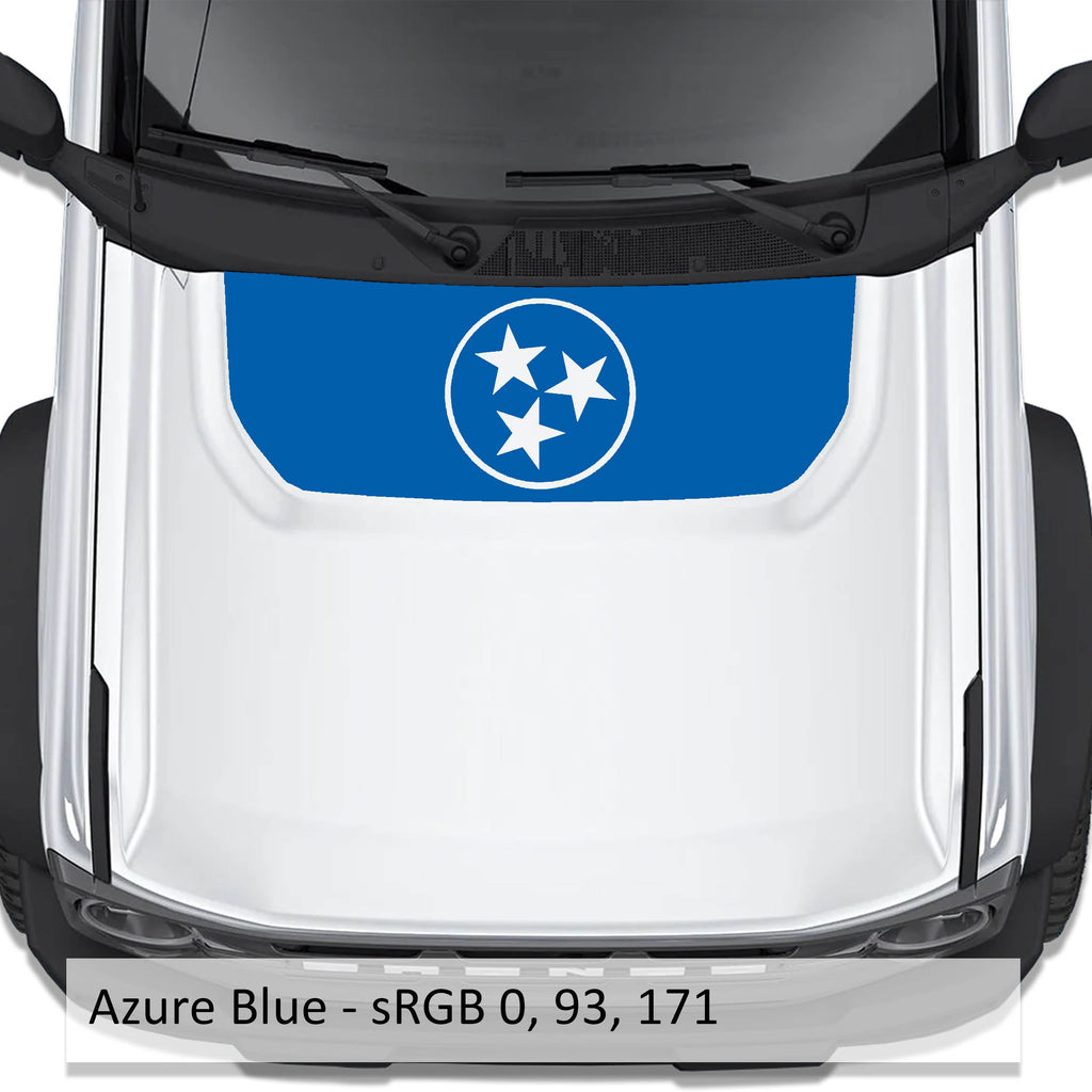 Tennessee Flag blackout hood vinyl decal in azure blue shown installed on the hood of a 2021+ Ford Bronco