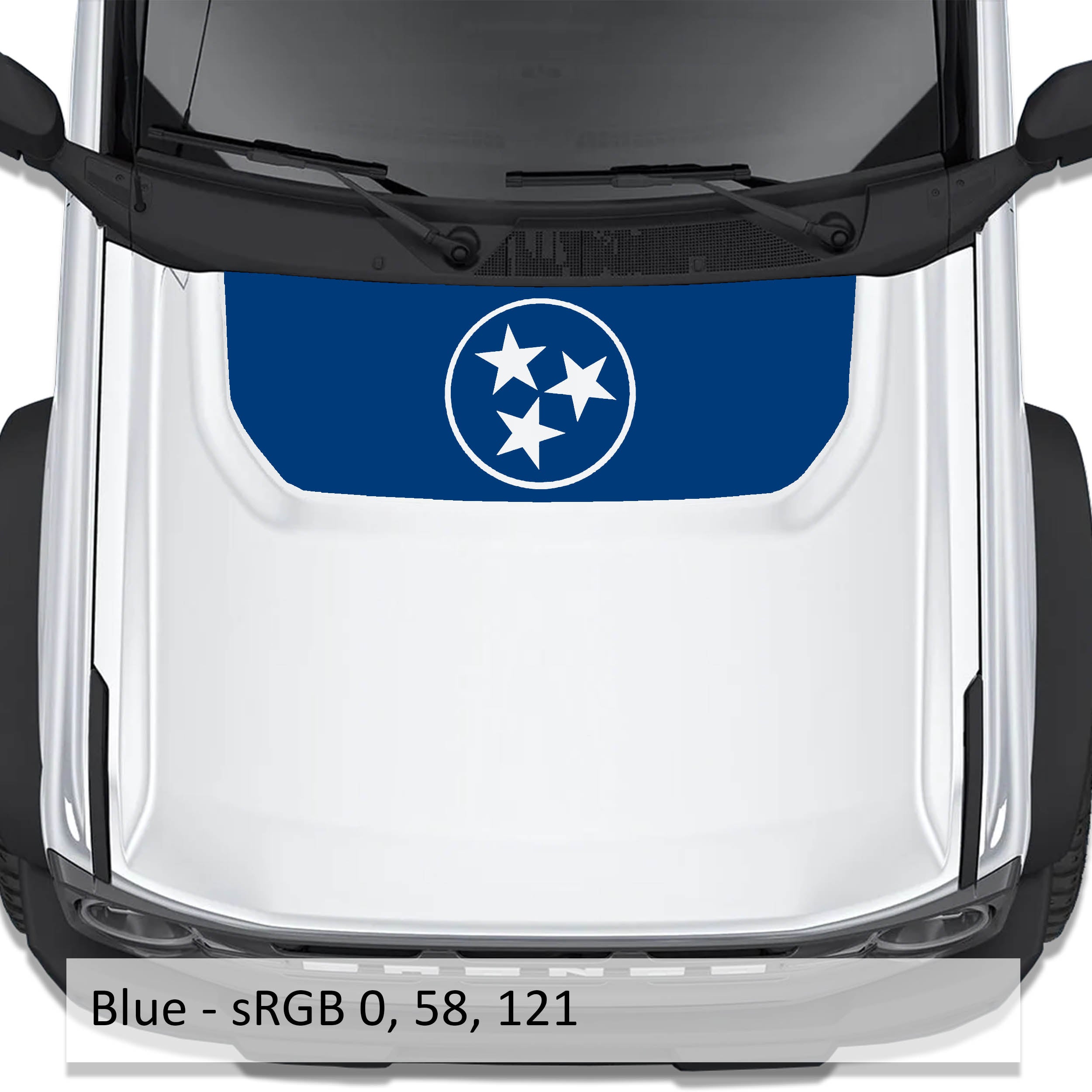 Tennessee Flag blackout hood vinyl decal in blue shown installed on the hood of a 2021+ Ford Bronco