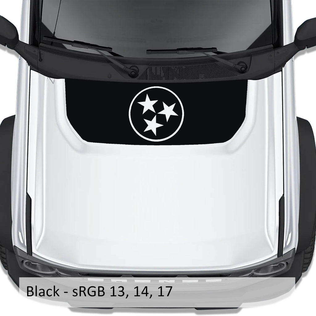 Tennessee Flag blackout hood vinyl decal in black shown installed on the hood of a 2021+ Ford Bronco