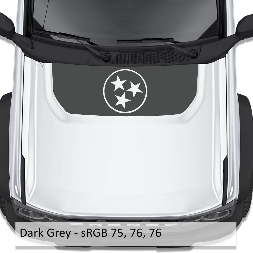 Tennessee Flag blackout hood vinyl decal in dark gray shown installed on the hood of a 2021+ Ford Bronco
