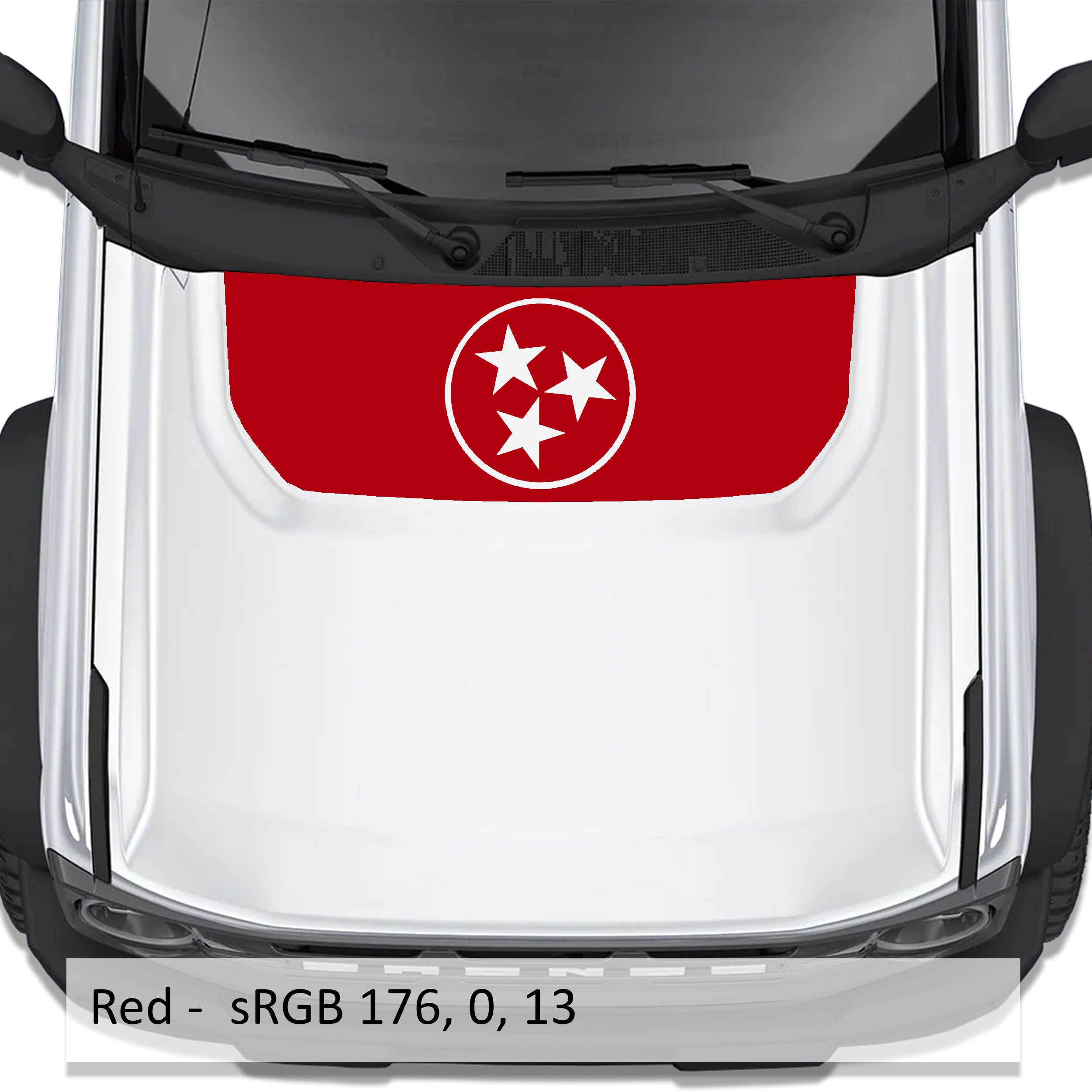Tennessee Flag blackout hood vinyl decal in red shown installed on the hood of a 2021+ Ford Bronco