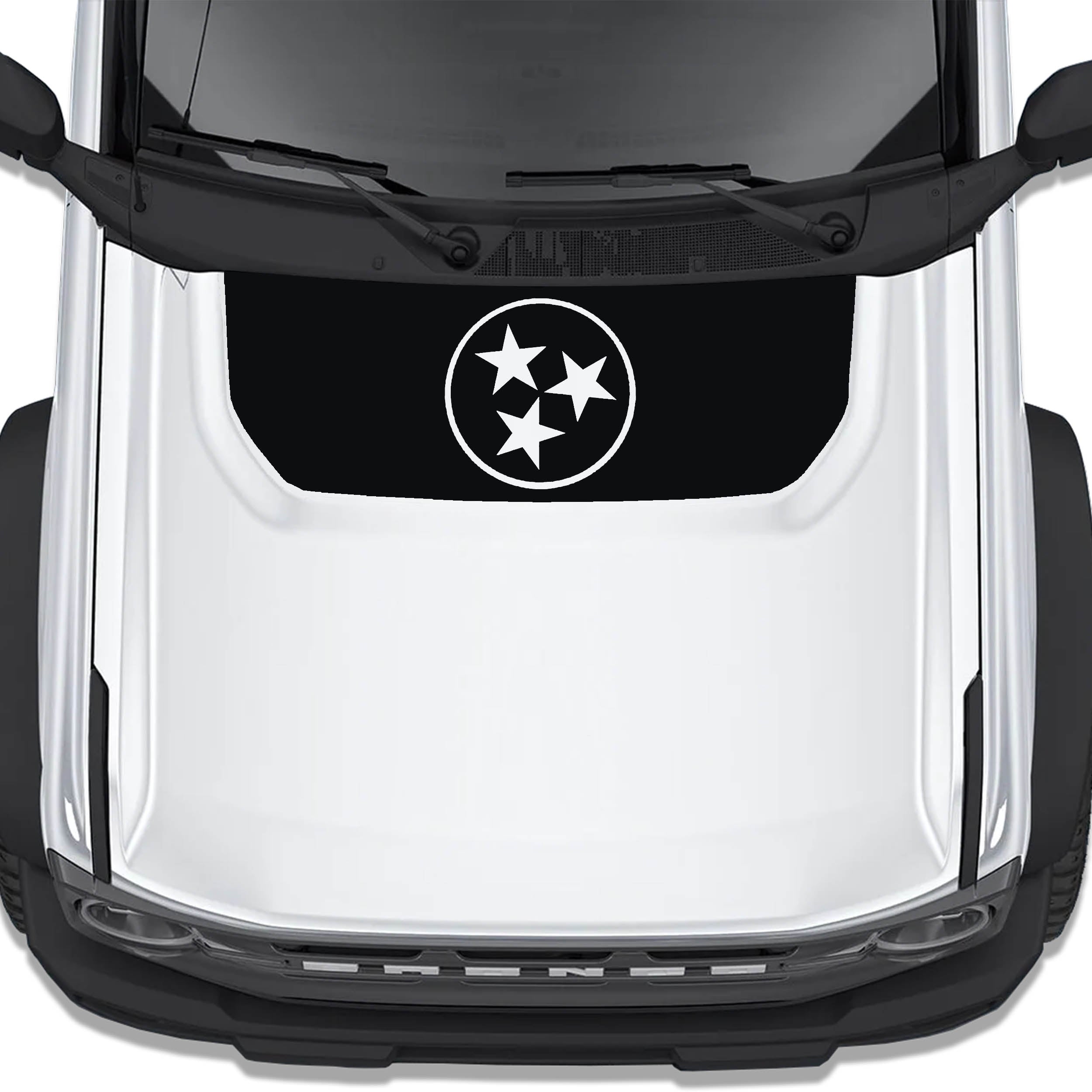Tennessee Flag blackout hood vinyl decal shown installed on the hood of a 2021+ Ford Bronco SUV