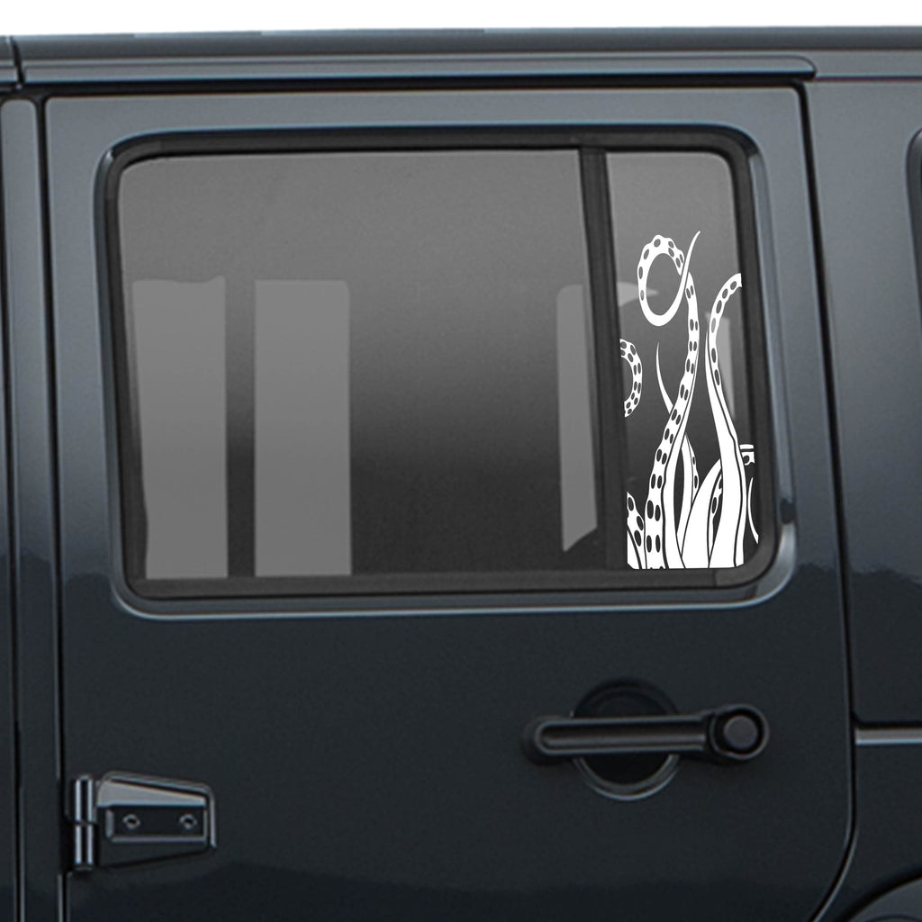 White octopus tentacle pattern side window vinyl decal applied to a black Jeep Wrangler JKU rear door window