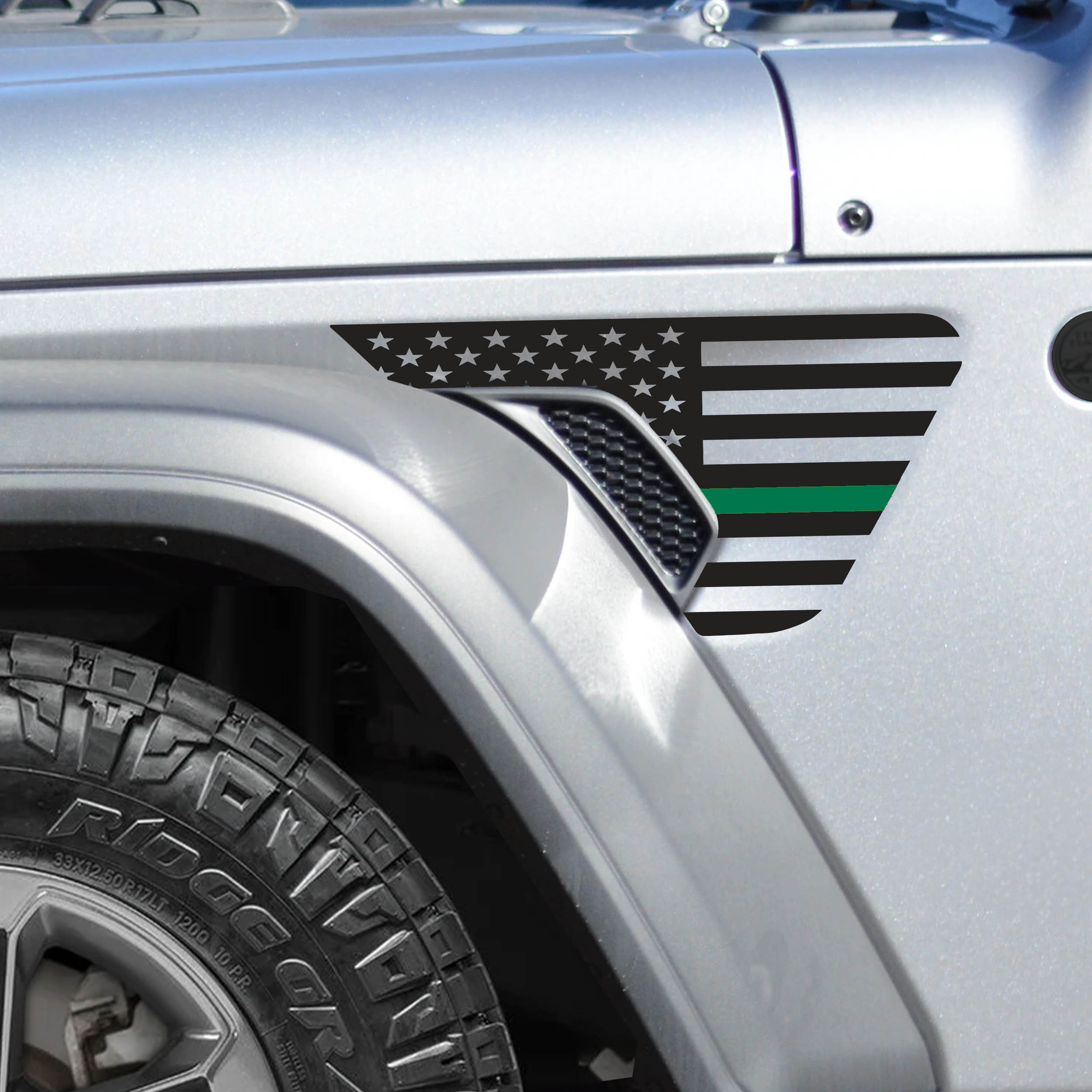 Thin green line American flag fender vent decal pair shown flat for Jeep Wrangler JL and Gladiator JT