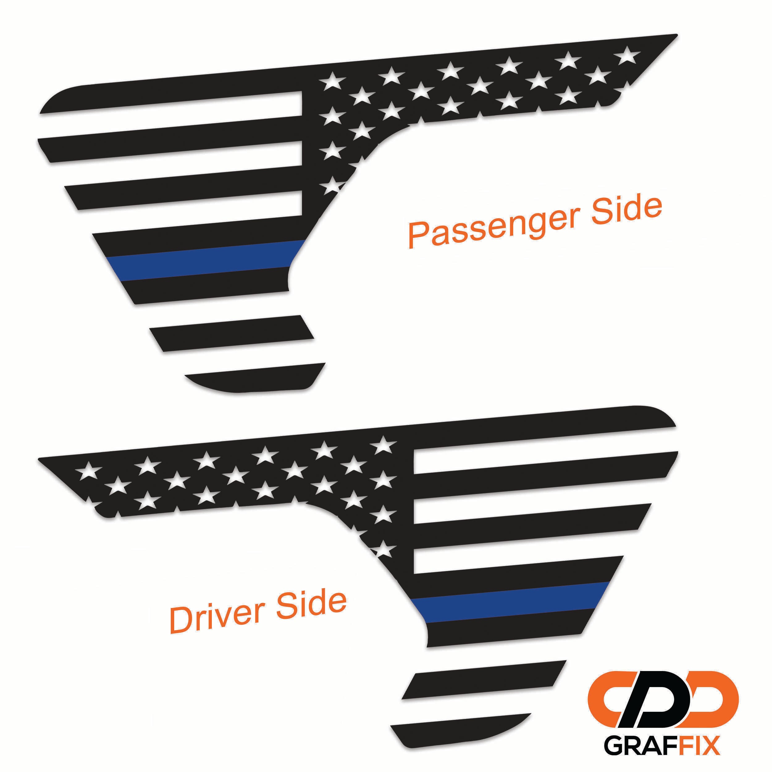 Thin Blue Line American flag fender vent decal pair shown flat for Jeep Wrangler JL and Gladiator JT