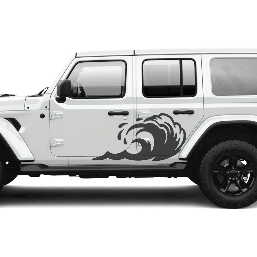 Black tidal wave panel vinyl graphic kit installed on the rear door of a white Jeep Wrangler JLU four door