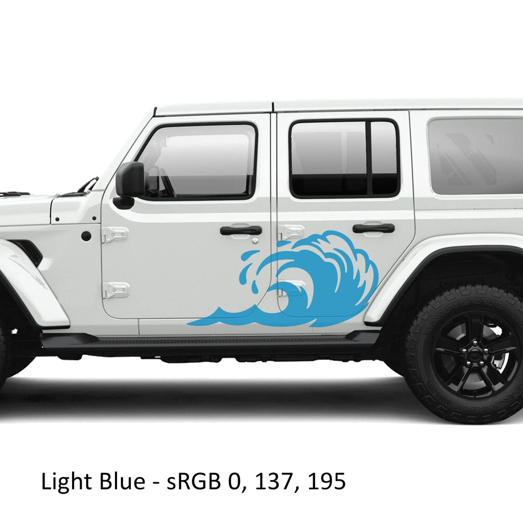 Light blue tidal wave panel vinyl graphic kit on the rear door of a white Jeep Wrangler JLU four door