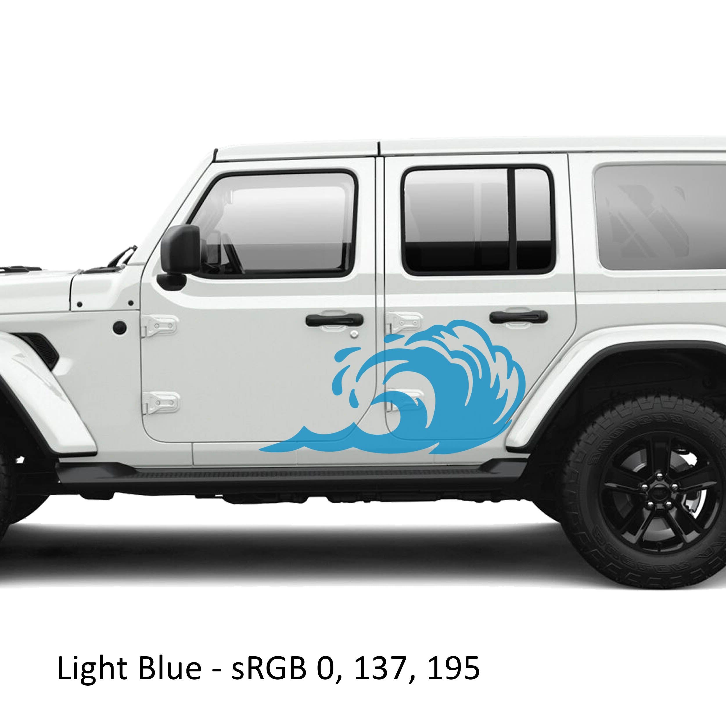 Light blue tidal wave panel vinyl graphic kit on the rear door of a white Jeep Wrangler JLU four door
