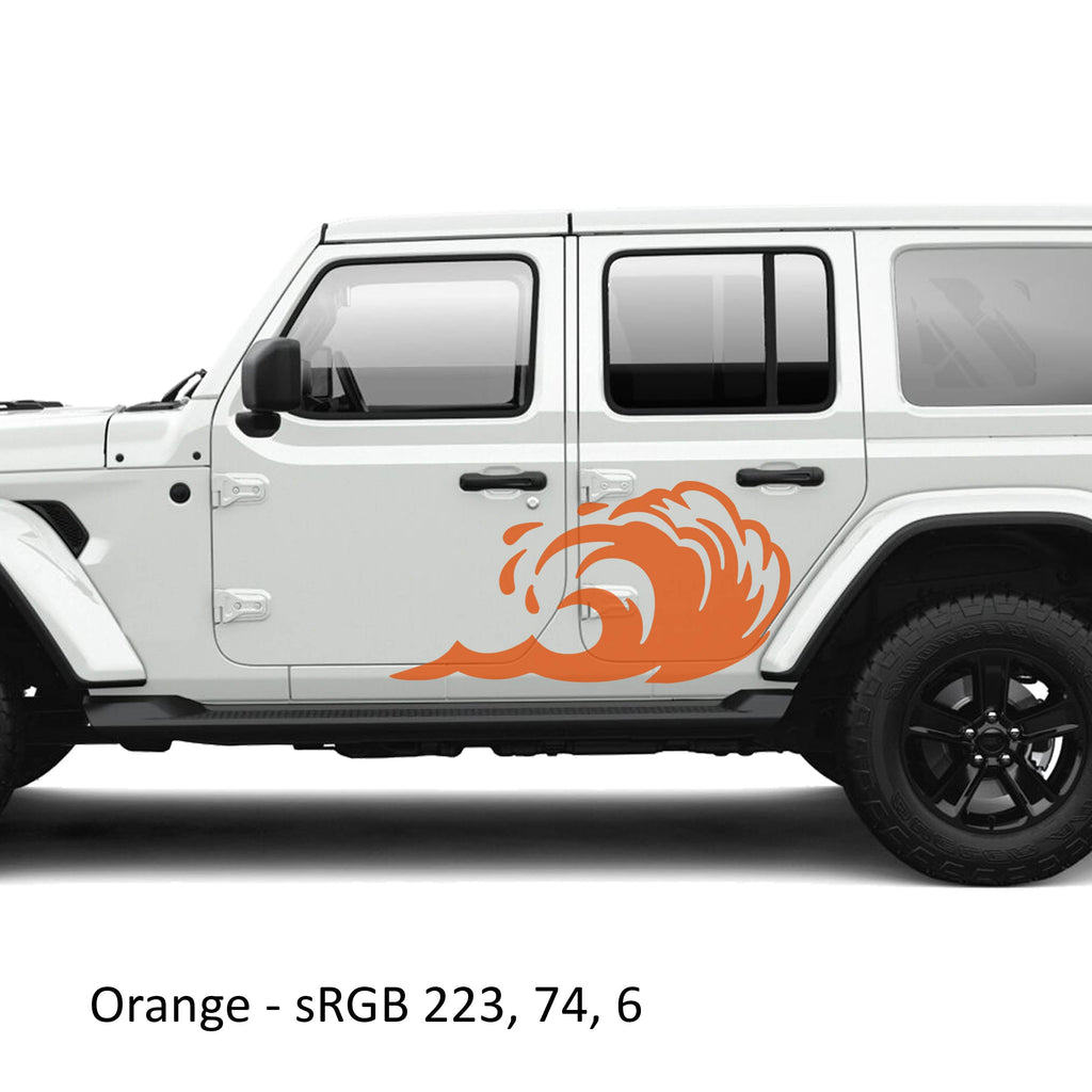 Orange tidal wave panel vinyl graphic kit on the rear door of a white Jeep Wrangler JLU four door body