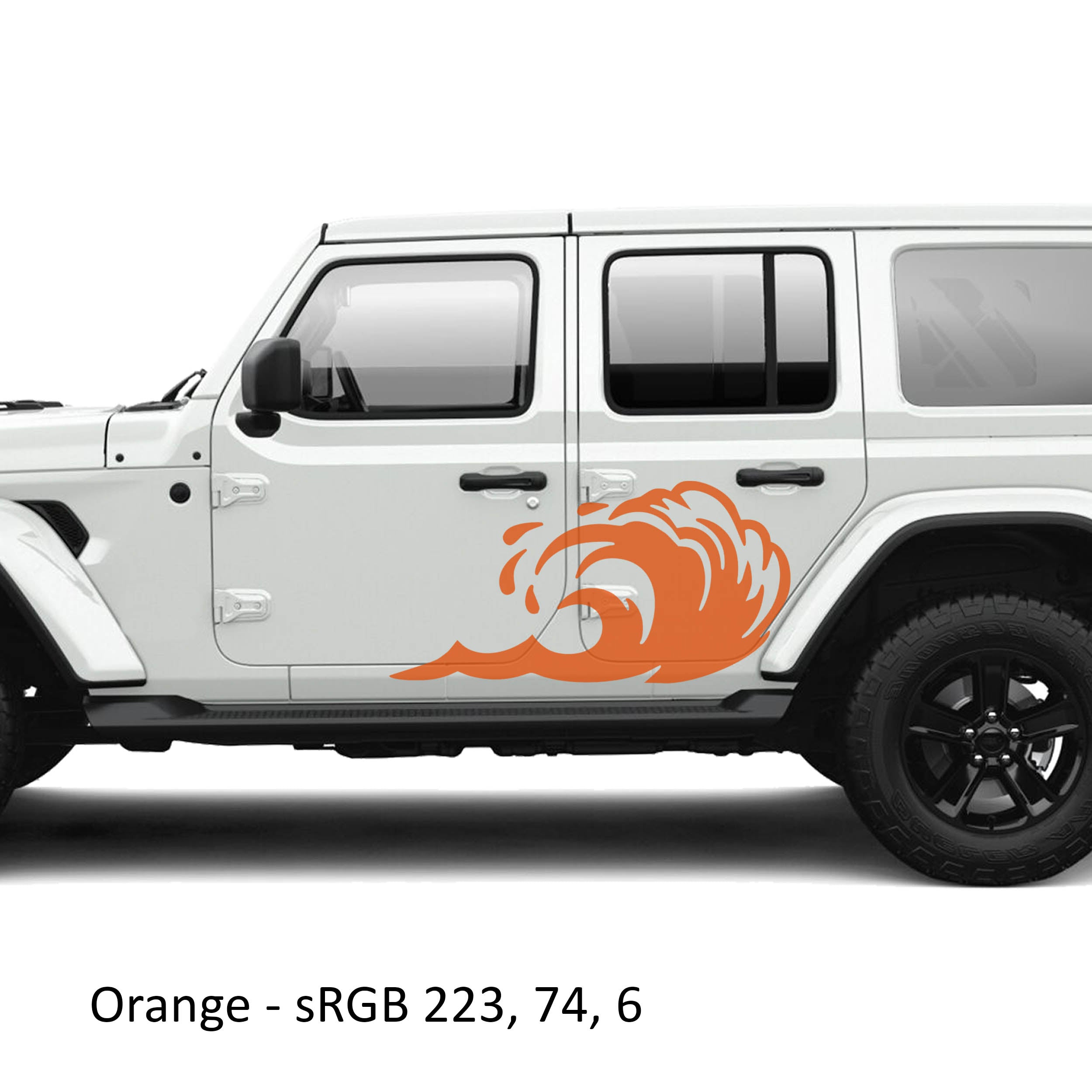 Orange tidal wave panel vinyl graphic kit on the rear door of a white Jeep Wrangler JLU four door body